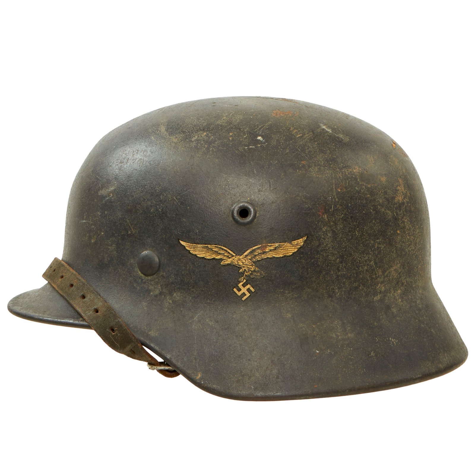 Buy Original German WWII Single Decal Luftwaffe M40 Helmet with Damaged 59cm Liner & Chinstrap - Stamped Q66 | Original Firearms Antique For Sale