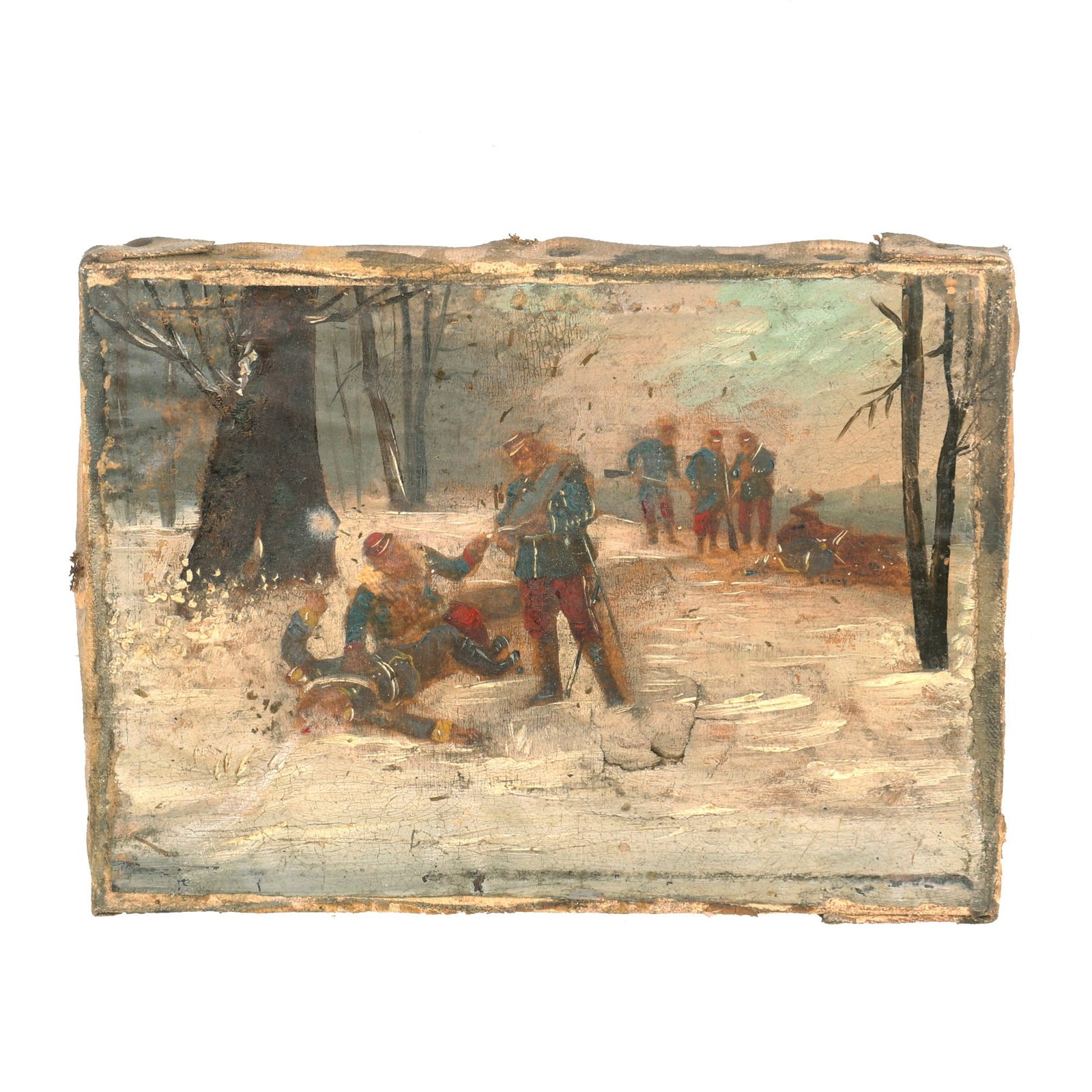 Buy Original French Crimean War Era (1853-1856) Impressionism Style Textured Artwork on Canvas of French Soldiers Dressed In the Standard Blue Coatee and Pantalon Rouge Red Trousers - 5 ¾” x 4 ¼” | Original Firearms Antique For Sale