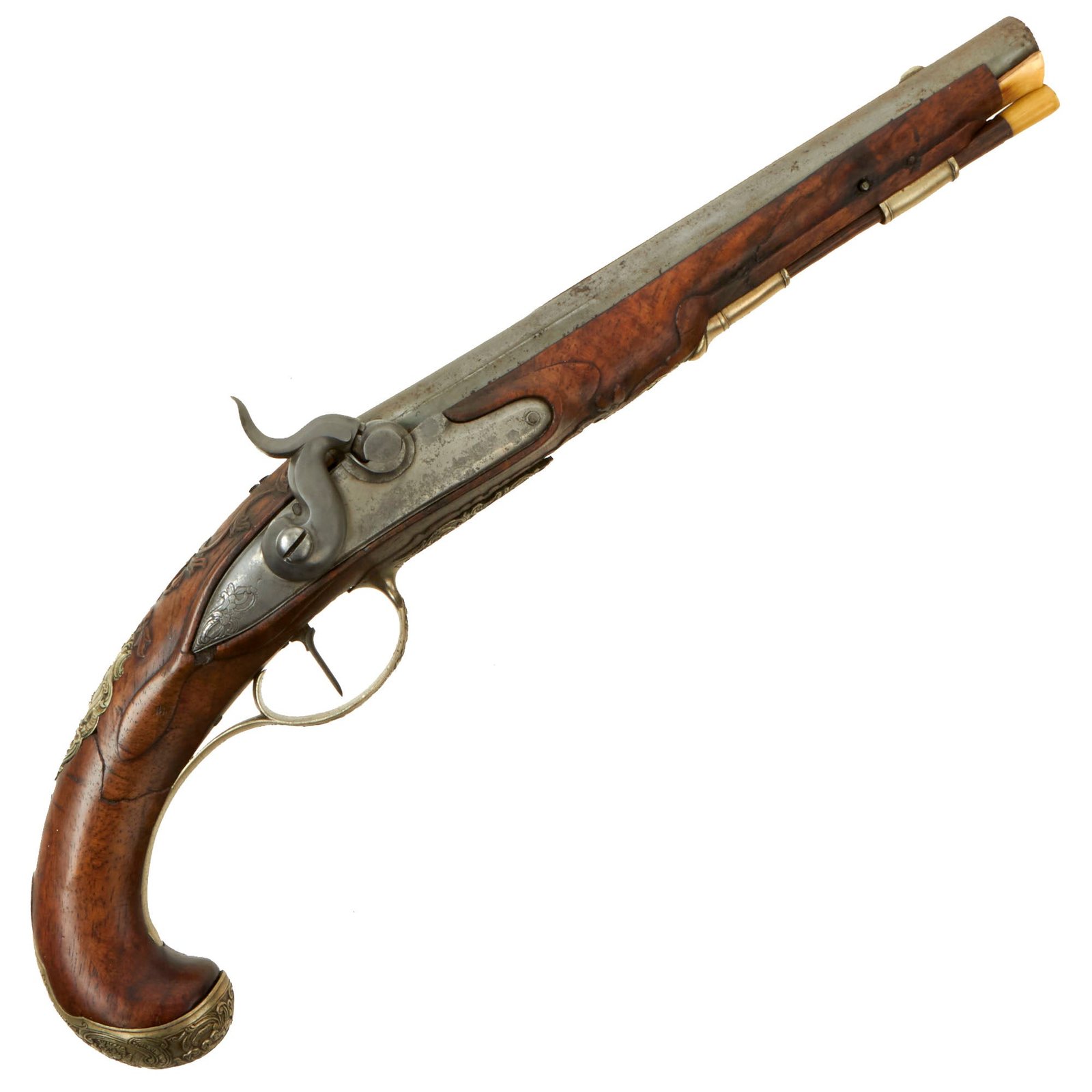Buy Original Late 18th Century German Hunting Pistol with Embossed Nickel Silver Mounts Converted to Percussion circa 1835 | Original Firearms Antique For Sale
