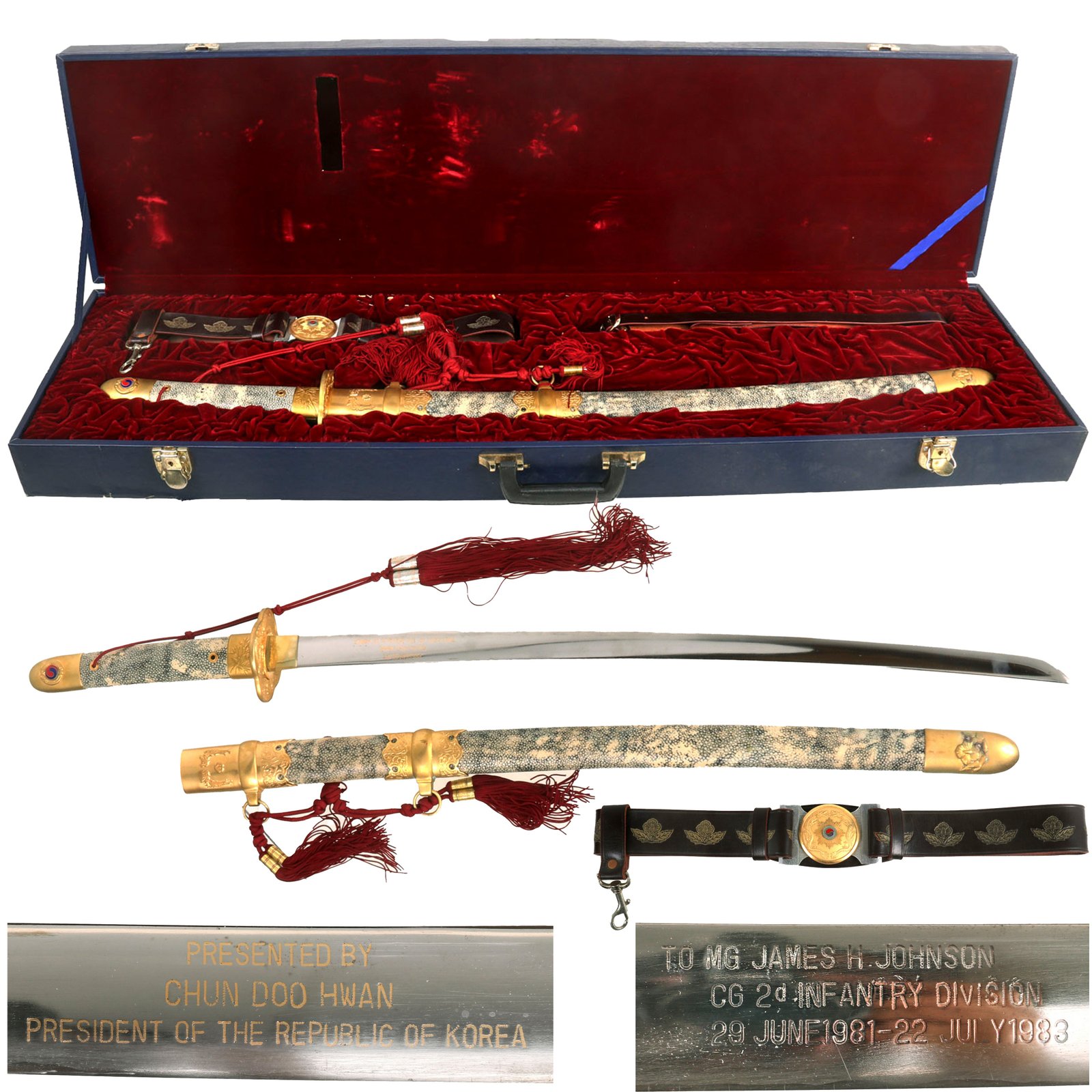 Buy Original Cold War South Korean President Chun Doo-hwan Cased Ceremonial Katana Sword Presented to Major General James H. Johnson - Commander 2nd ID - Dated 1983 | Original Firearms Antique For Sale