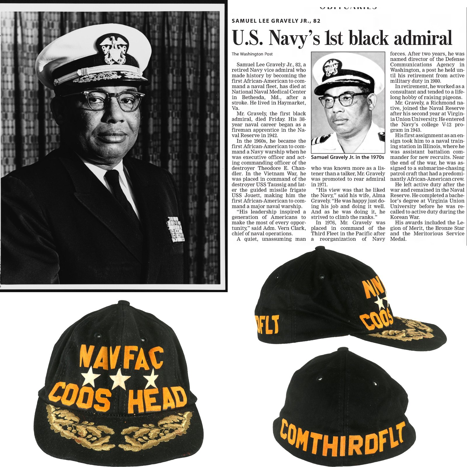 Buy Original U.S. Navy “Baseball Cap” For Admiral Samuel Gravely - First African American to Serve On a Fighting Ship as an Officer, First to Command a Navy ship, First Fleet Commander, and First to Become a Flag Officer | Original Firearms Antique For Sale
