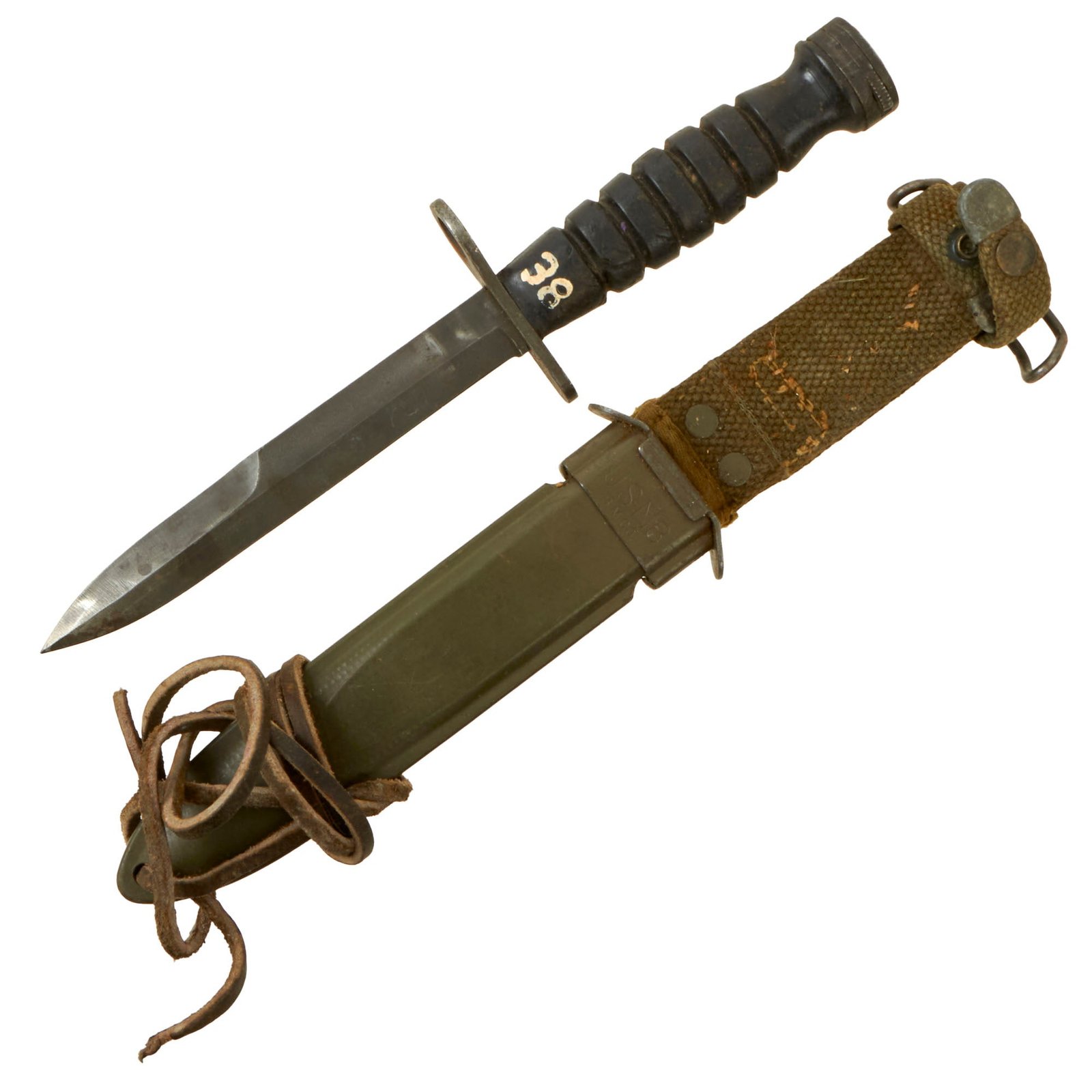 Buy Original U.S. WWII Era M4 Bayonet by Utica Cutlery for the M1 Carbine with Molded Rubber Handle and Updated M8 Scabbard by B.M. Co | Original Firearms Antique For Sale