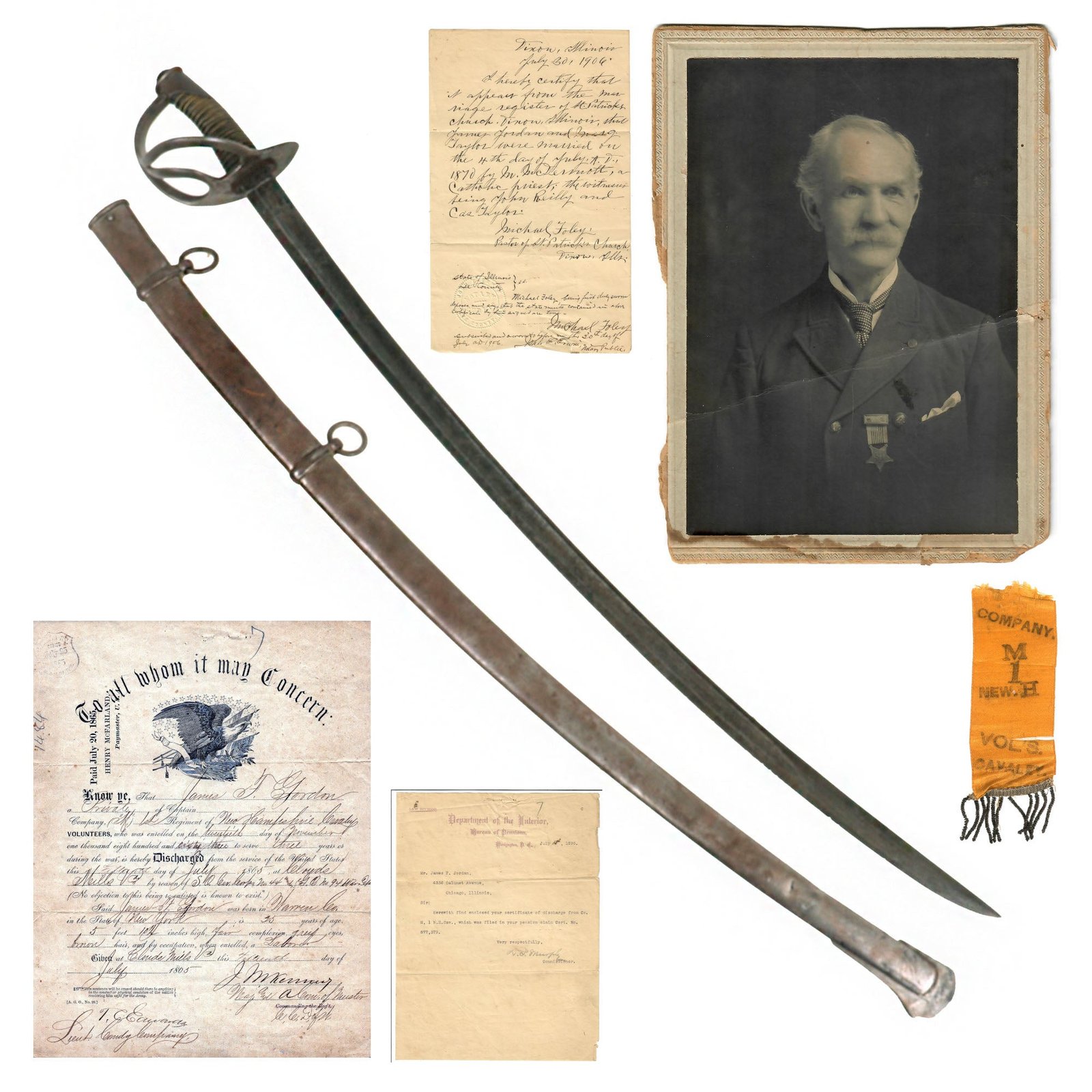 Buy Original U.S. Civil War Grouping of Pvt. James F. Gordon, Co. M, 1st N.H. Cavalry - M1840 "Wrist Breaker" Sword, Discharge Papers, Photo, & More! | Original Firearms Antique For Sale