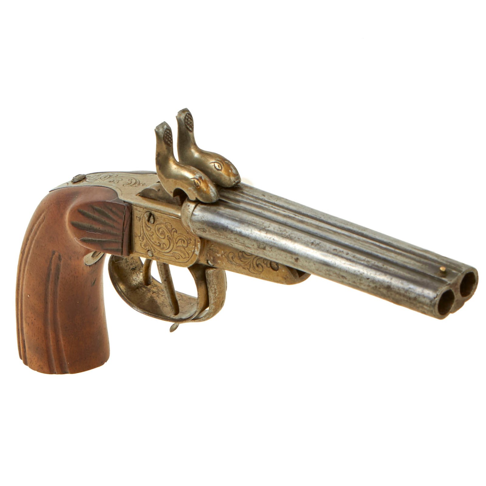 Buy Original British Victorian Era Belgian Style 7mm Pinfire Double Barrel Pistol with Tip-Up Break Action - Circa 1855 | Original Firearms Antique For Sale