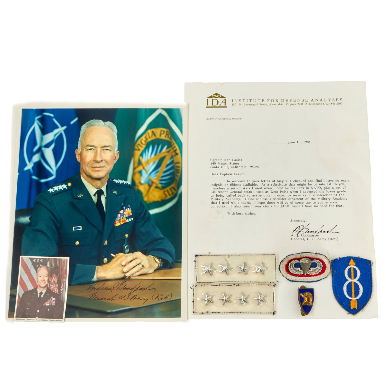 Buy Original U.S. General Andrew Goodpaster Insignia Grouping - Former Supreme Allied Commander, Europe (SACEUR) & Superintendent United States Military Academy | Original Firearms Antique For Sale
