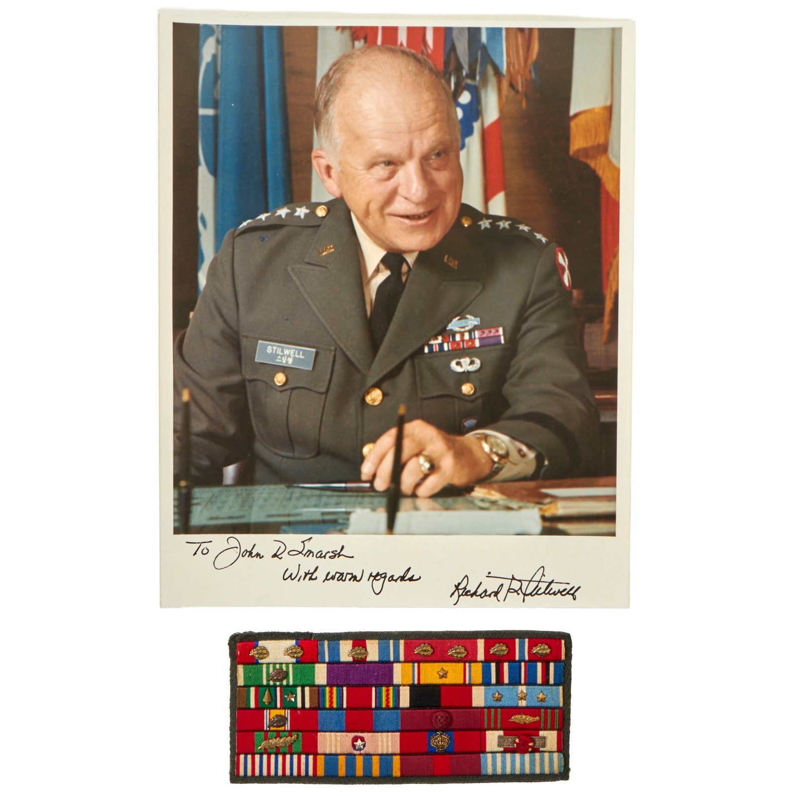 Buy Original U.S. Commander-in-Chief of the U.N. Command in Korea General Richard G. Stilwell Embroidered Ribbon Rack and Signed Photo | Original Firearms Antique For Sale