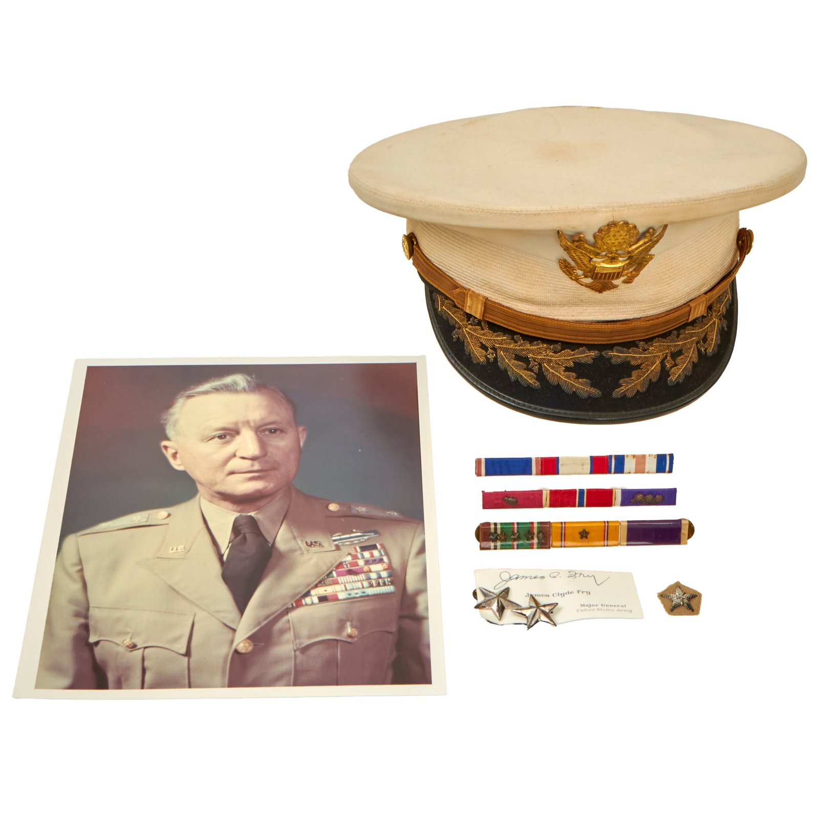 Buy Original U.S. WWII / Korean War Major General James “Fearless Fosdick” Fry Peaked Visor, Signed Calling Card and Ribbon Grouping With Photo - 2nd Infantry Division Commander | Original Firearms Antique For Sale