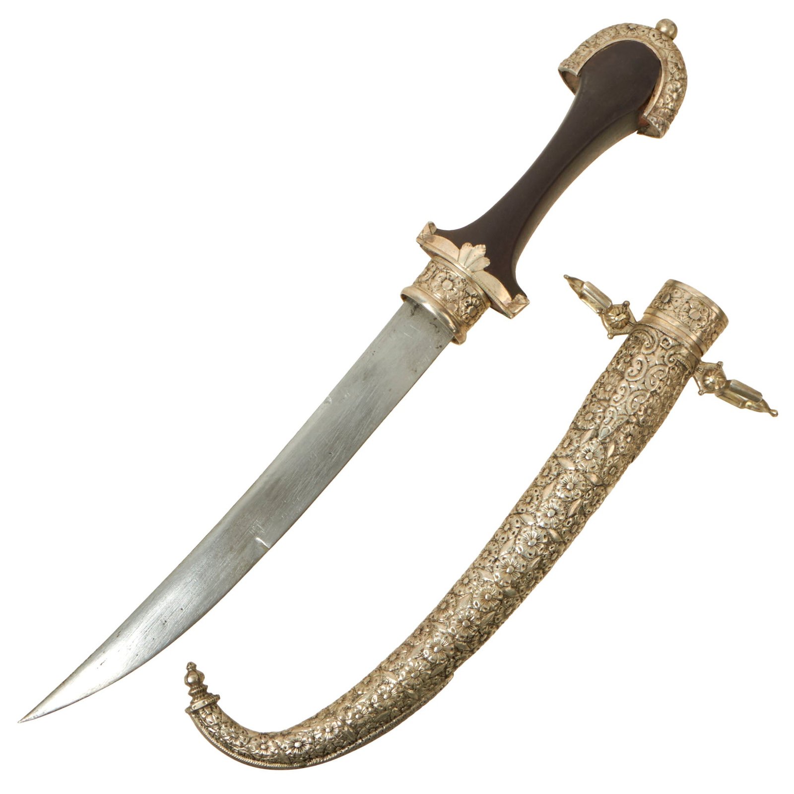 Buy Original 19th Century North African Silver Mounted Jambiya Dagger with Silver Clad Scabbard c. 1860 | Original Firearms Antique For Sale