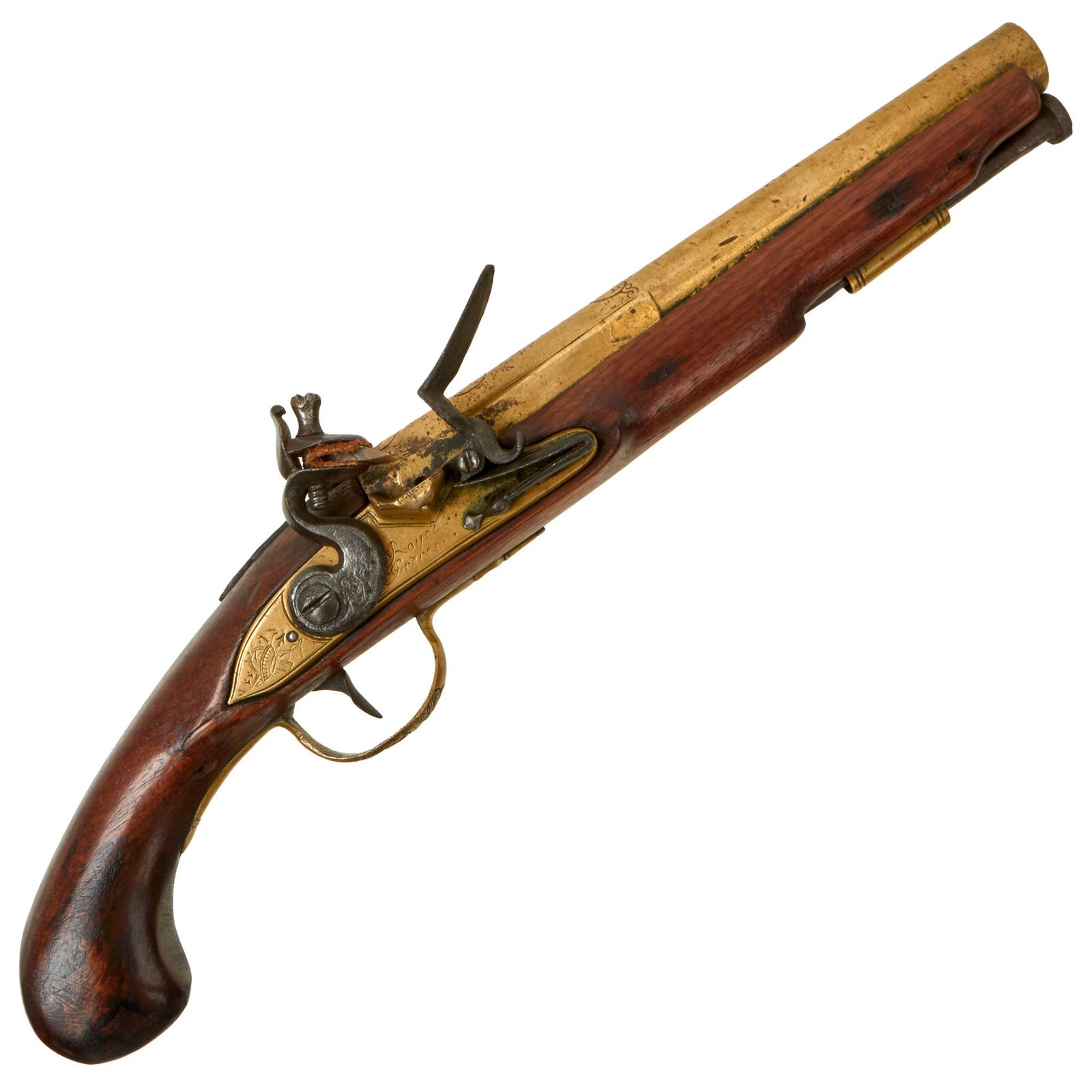 Buy Original French Brass Barreled Flintlock Pistol by Royet Freres of St. Étienne Circa 1783 - Restocked in North America | Original Firearms Antique For Sale