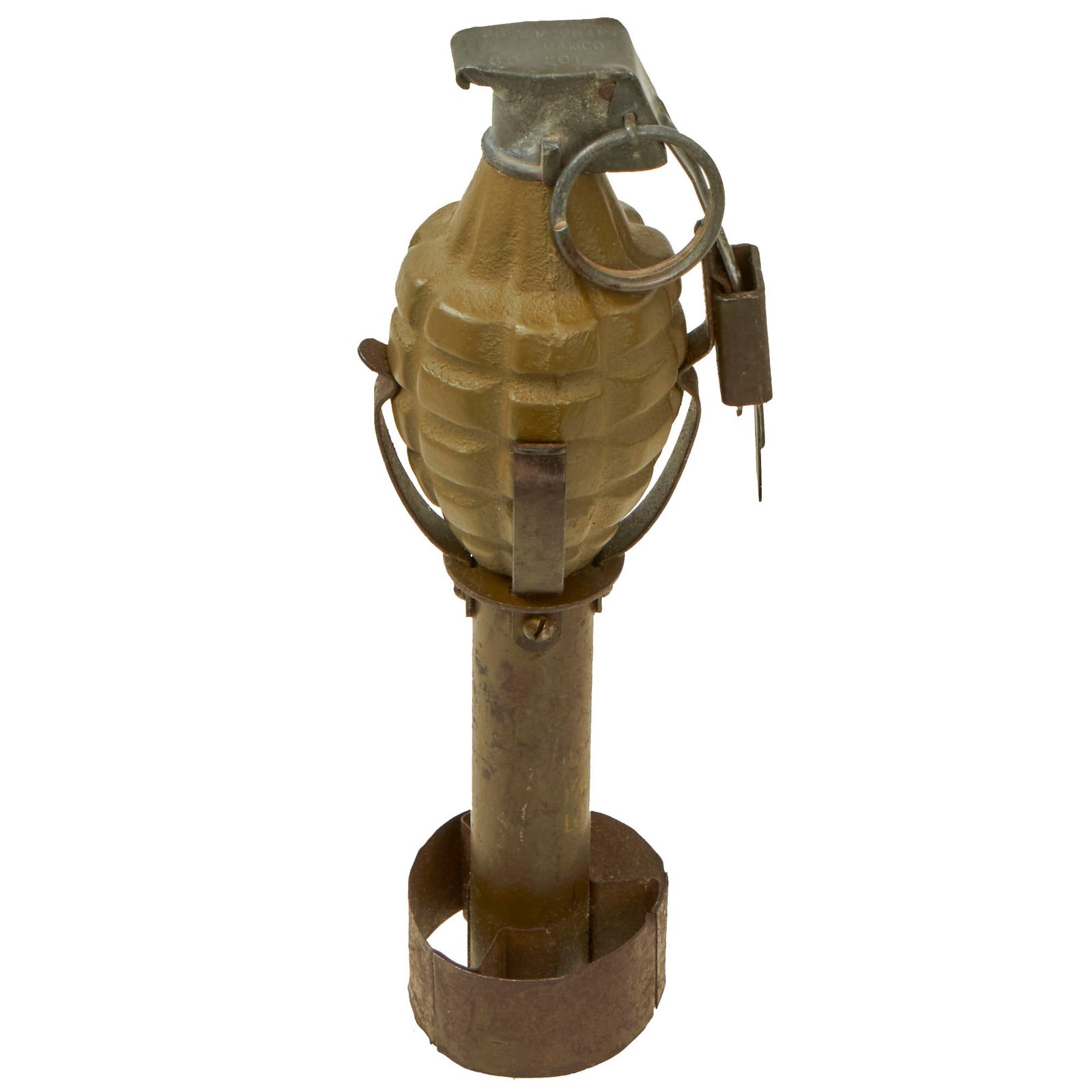 Buy Original U.S. WWII Inert MkII Pineapple Grenade in 1944 dated M1 Rifle Grenade Adapter | Original Firearms Antique For Sale