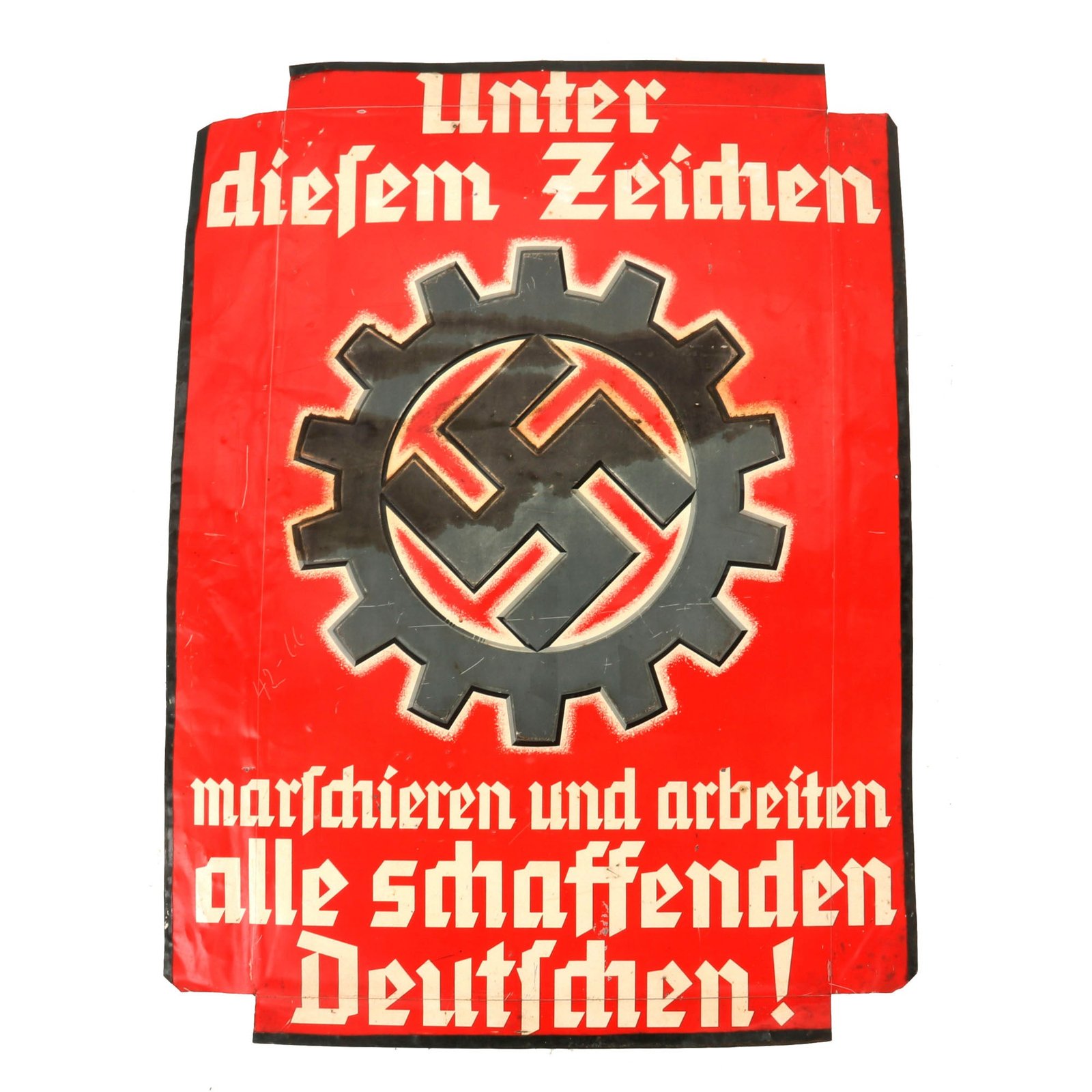 Buy Original German WWII DAF Labor Front Embossed Lithograph Steel Propaganda Sign with Period Modifications - 29" x 21 3/4" | Original Firearms Antique For Sale
