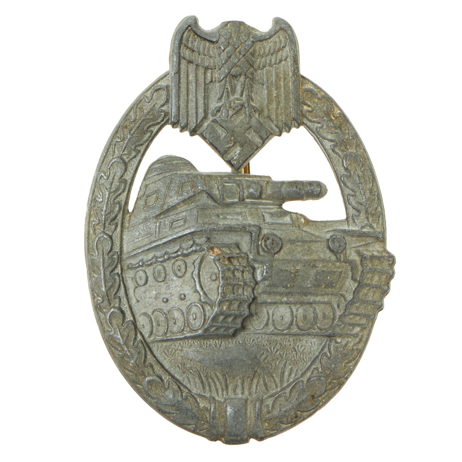 Buy Original German WWII Silver Grade Panzer Assault Tank Badge with Damaged Eagle - Unmarked " Scoop Back" | Original Firearms Antique For Sale