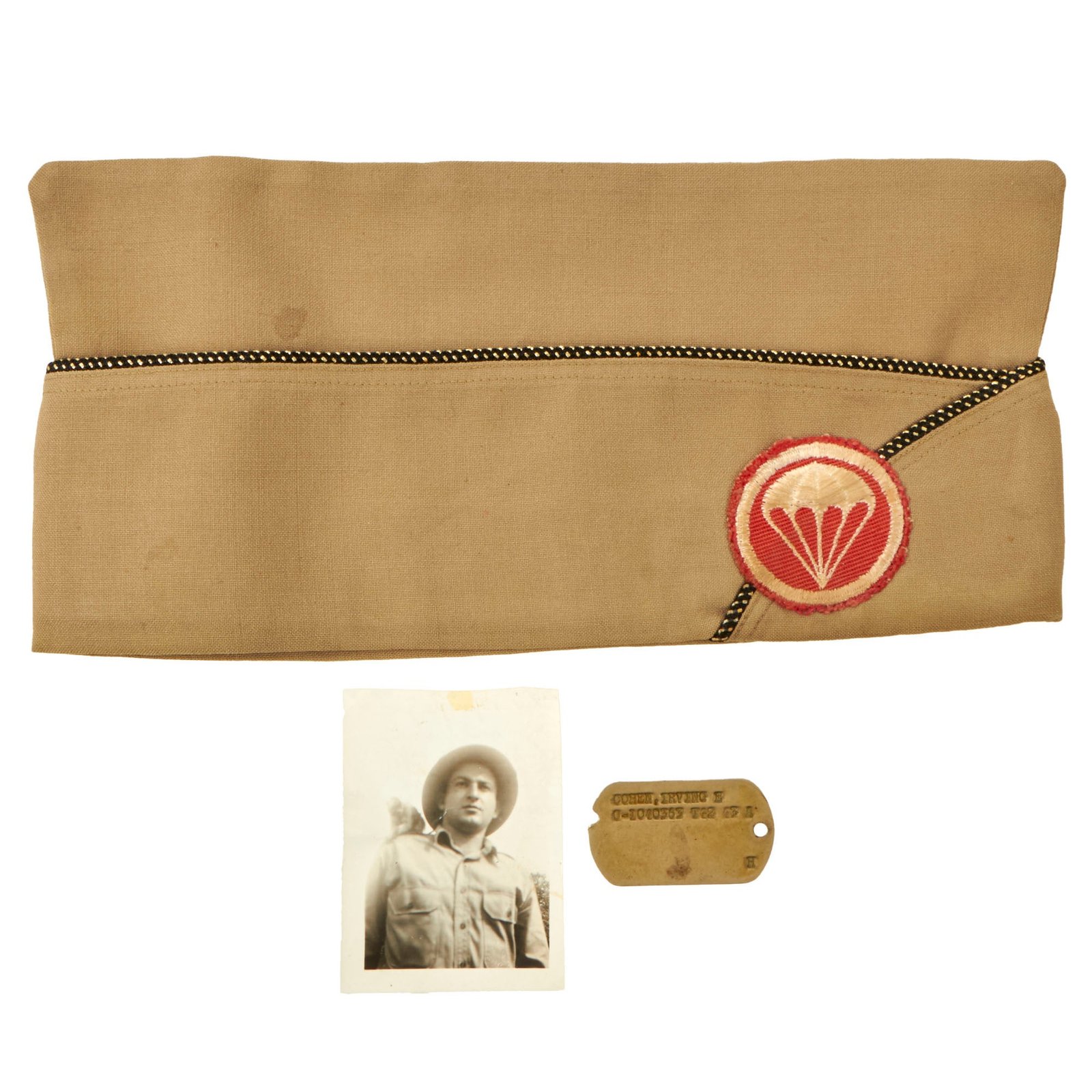 Buy Original U.S. WWII Named Parachute Field Artillery Battalion Officer’s Overseas Cap With Dog Tag and Photo - Irving E. Cohen | Original Firearms Antique For Sale