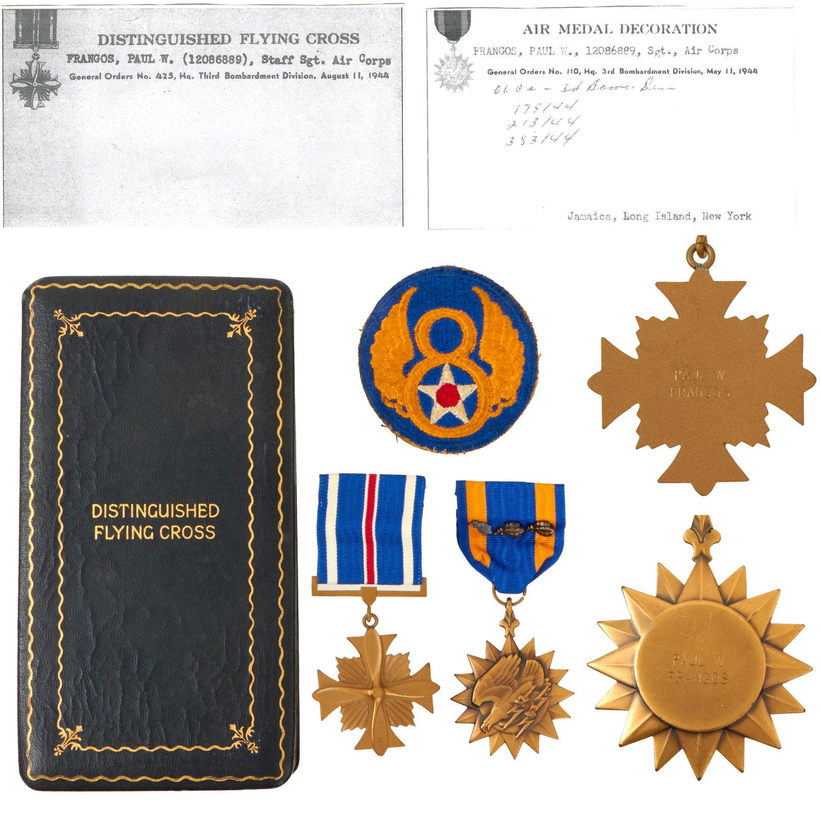 Buy Original U.S. WWII Name Engraved Medal Set - B-17 Gunner Ssgt Paul W. Frangos - 3rd Bombardment Division 8th Air Force- Air Medal & Distinguished Flying Cross | Original Firearms Antique For Sale