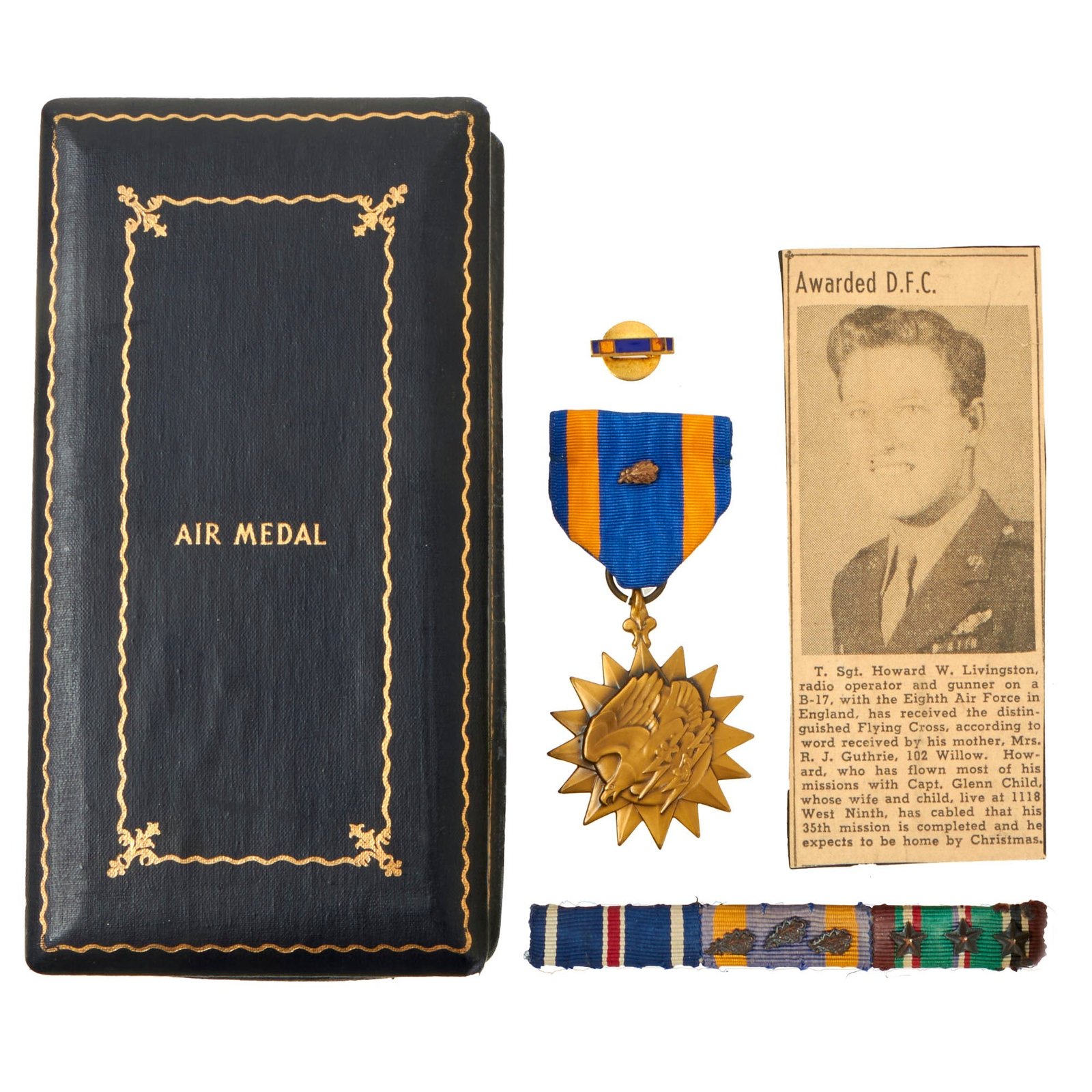 Buy Original U.S. WWII Air Medal Set With Case Attributed to Navigator / Gunner T/Sgt Howard W. Livingston, 861st Bombardment Squadron, 493rd Bombardment Group (Heavy) | Original Firearms Antique For Sale