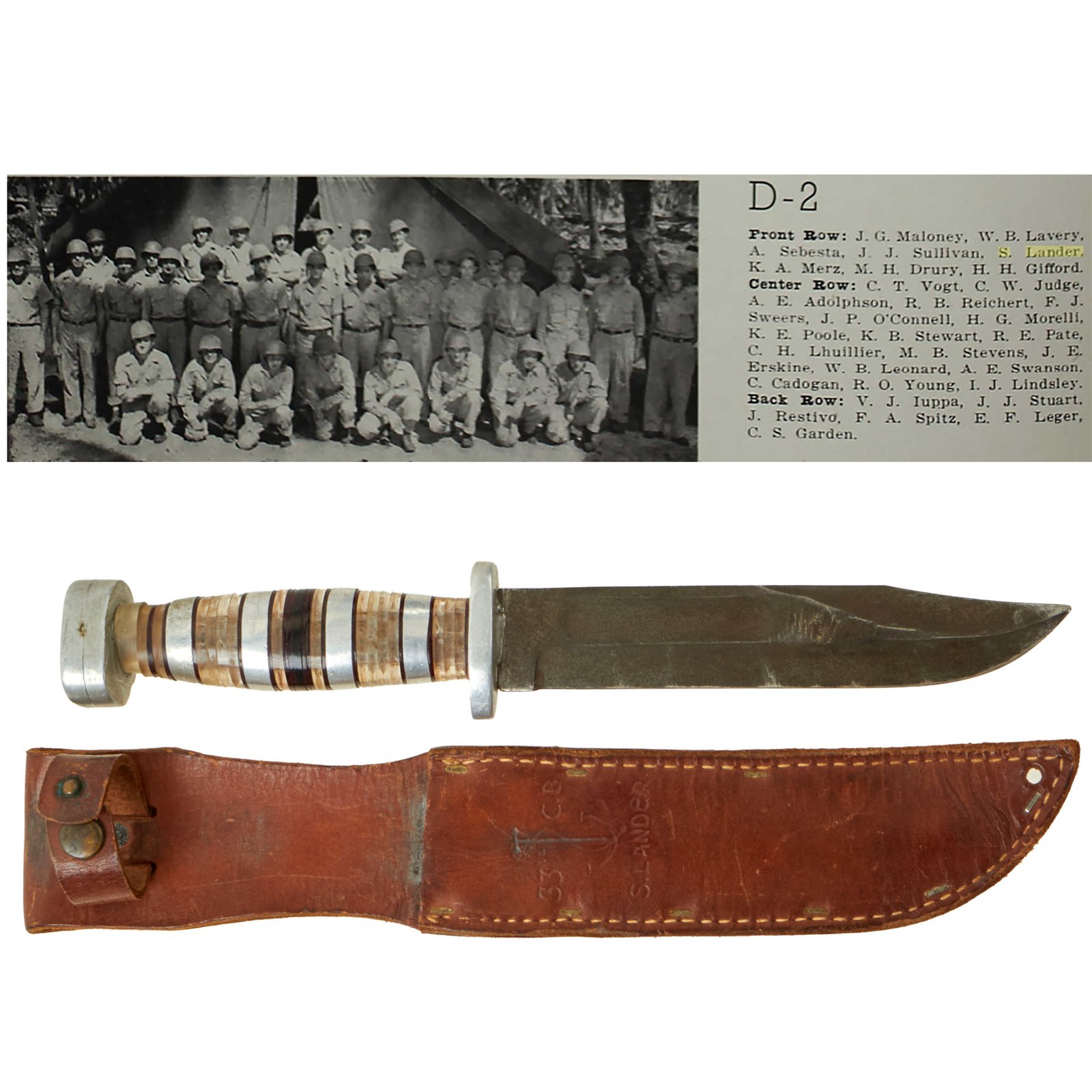 Buy Original U.S. WWII 33rd Naval Construction Battalion Seabee USMC Mark 2 KA-BAR Fighting Knife by Olean With Theater Made Grip and Personalized Leather Sheath | Original Firearms Antique For Sale