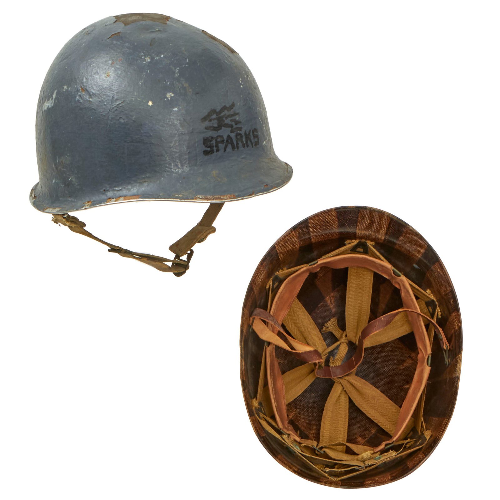 Buy Original U.S. WWII 1942 US Navy Electrician’s Mate “Sparks” Painted M1 McCord Fixed Bale Helmet with Westinghouse Liner | Original Firearms Antique For Sale