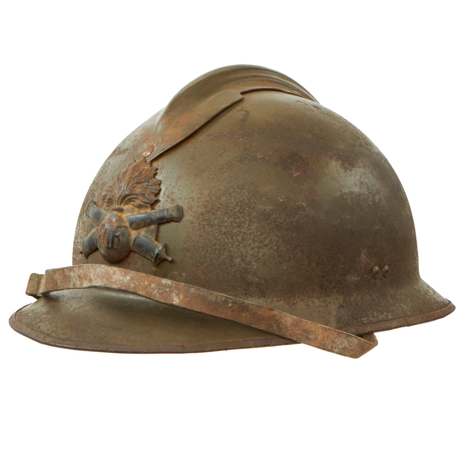 Buy Original French WWII Complete Early Model 1926 Adrian Artillery Helmet with Liner & Chinstrap - Olive Green | Original Firearms Antique For Sale