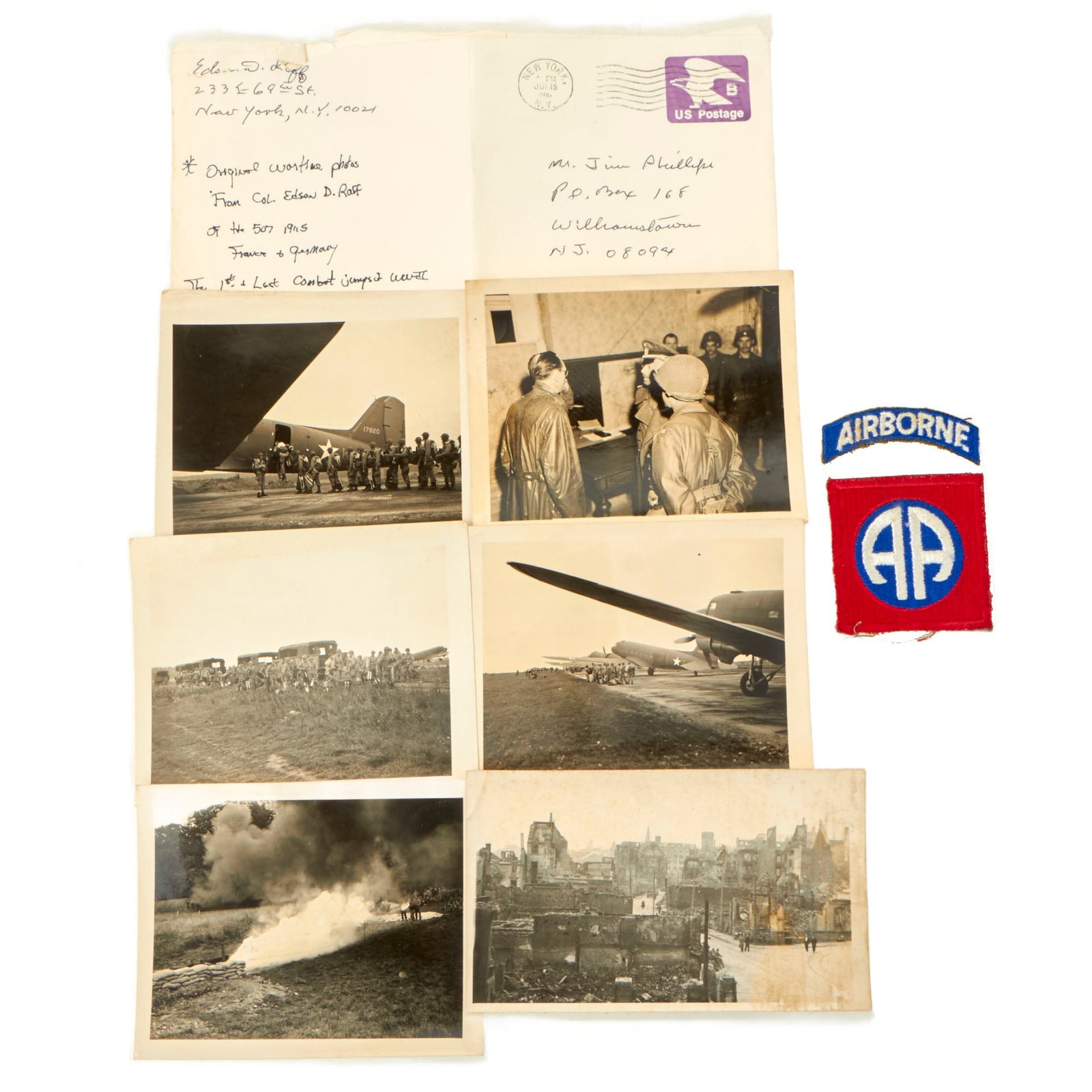 Buy Original U.S. WWII Colonel Edson Raff, 507th Parachute Infantry Regiment Commander Operation Varsity Photo Collection With Shoulder Sleeve Insignia - (8) Items | Original Firearms Antique For Sale