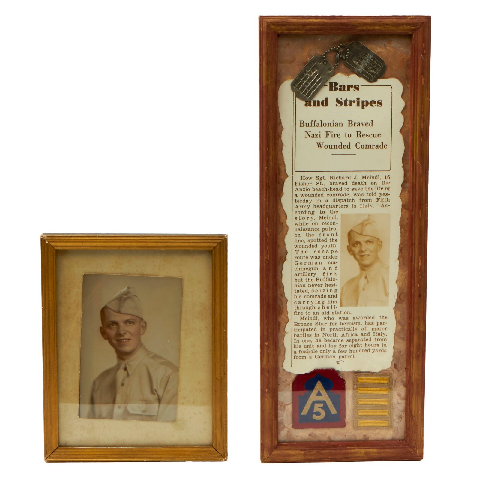 Buy Original U.S. WWII Framed Bronze Star Recipient’s Dog Tag and Patch Grouping - Sergeant Richard J. Meindl | Original Firearms Antique For Sale