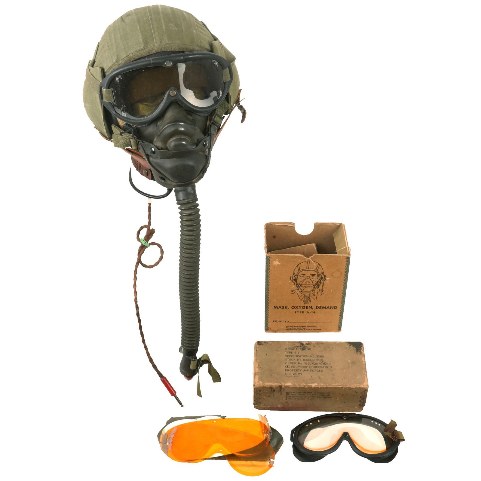 Buy Original U.S. WWII USAAF Bomber Crew M4A2 Flak Helmet With AN-H-15 Flight Helmet, Throat Mic, B-8 Goggles and A-14 Oxygen Mask  - With Original Boxes | Original Firearms Antique For Sale