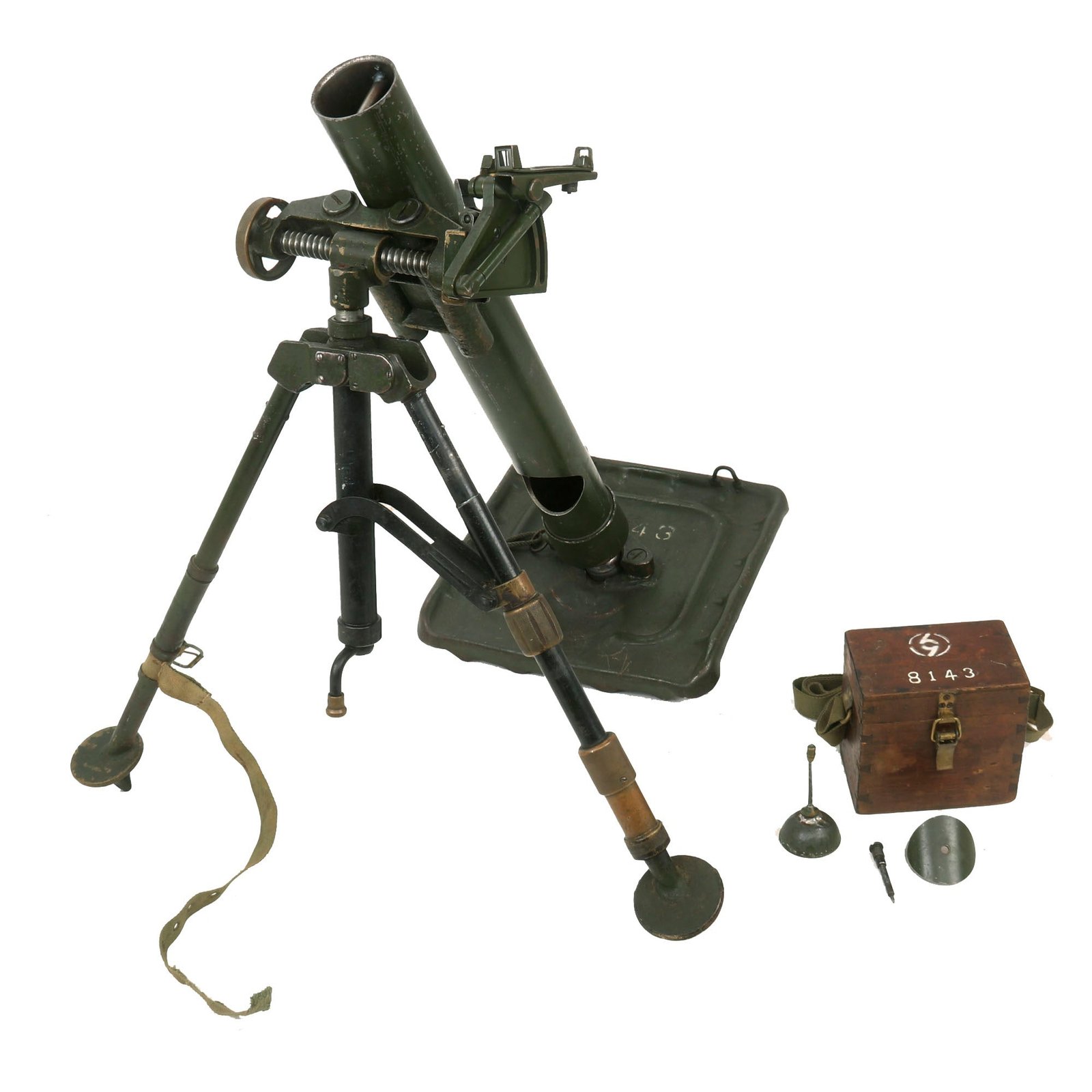 Buy Original Rare Korean War Era Chinese Type 31 60mm Inert Display Mortar with Bipod, Sight in Case, Base Plate & More - Matching Serial 8143 - Vietnam USGI Bring Back | Original Firearms Antique For Sale