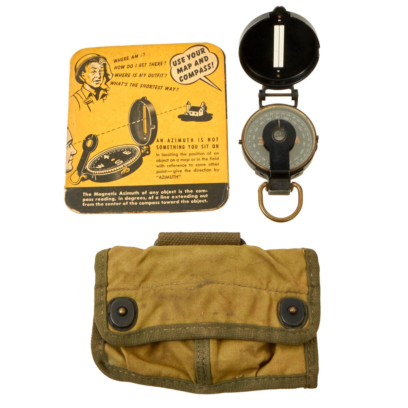Buy Original U.S. WWII US Army M1938 Lensatic Compass By W.&L.E. Gurley With 1st Model “Split Type” Pouch and Land Navigation Training Booklet | Original Firearms Antique For Sale