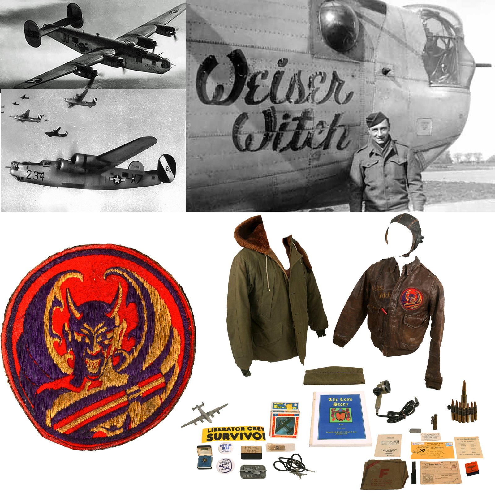 Buy Original U.S. WWII B-24 Weiser Witch Painted A-2 Flying Jacket Grouping - Alfred P. Cook - 8th Air Force, 707th Bomb Squadron - Caterpillar Club Member | Original Firearms Antique For Sale