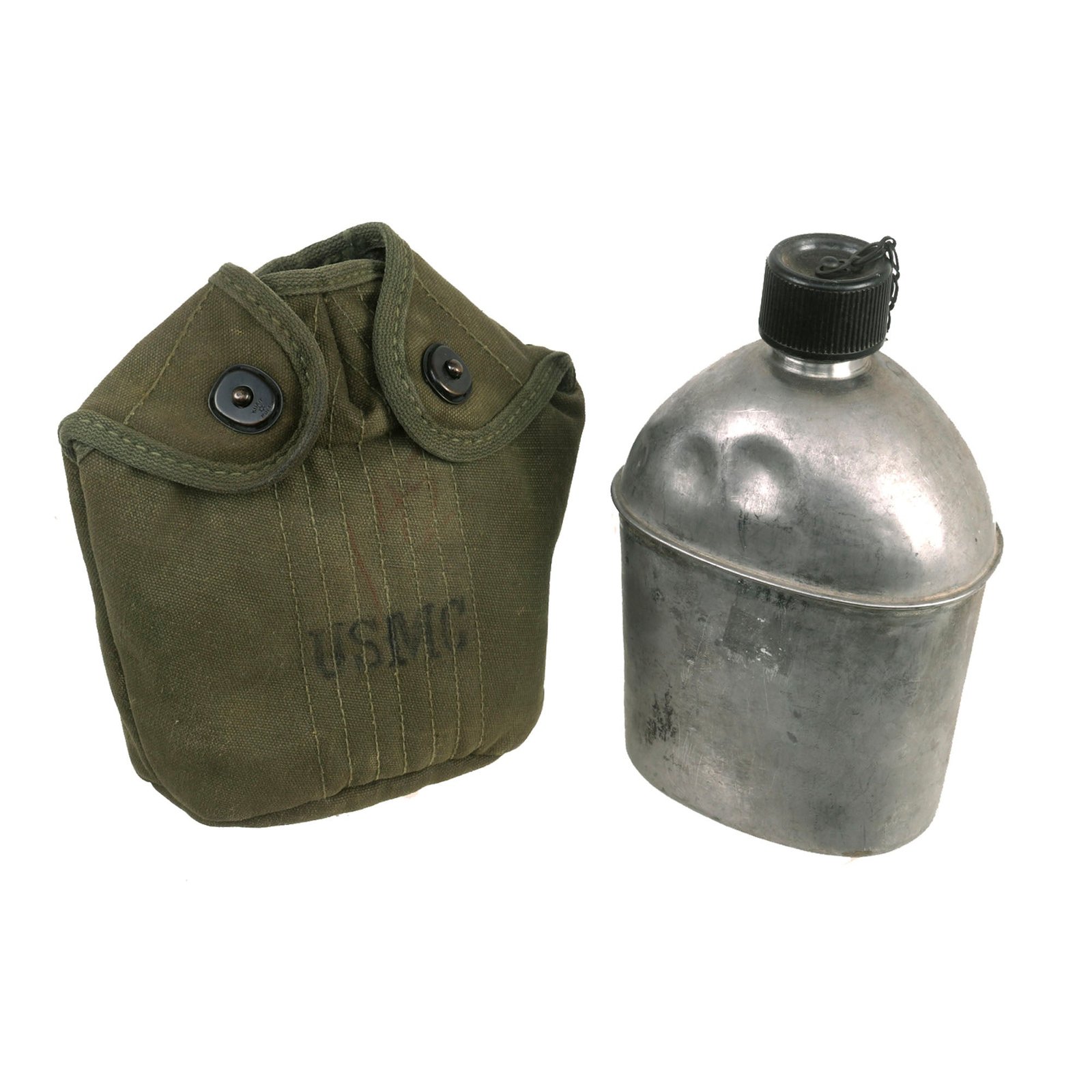 Buy Original U.S. Korean War Era US Marine Corps 1952 Dated USMC Marked M1910 Canteen Cover With Pistol Belt Attachment and 1943 Dated Canteen | Original Firearms Antique For Sale