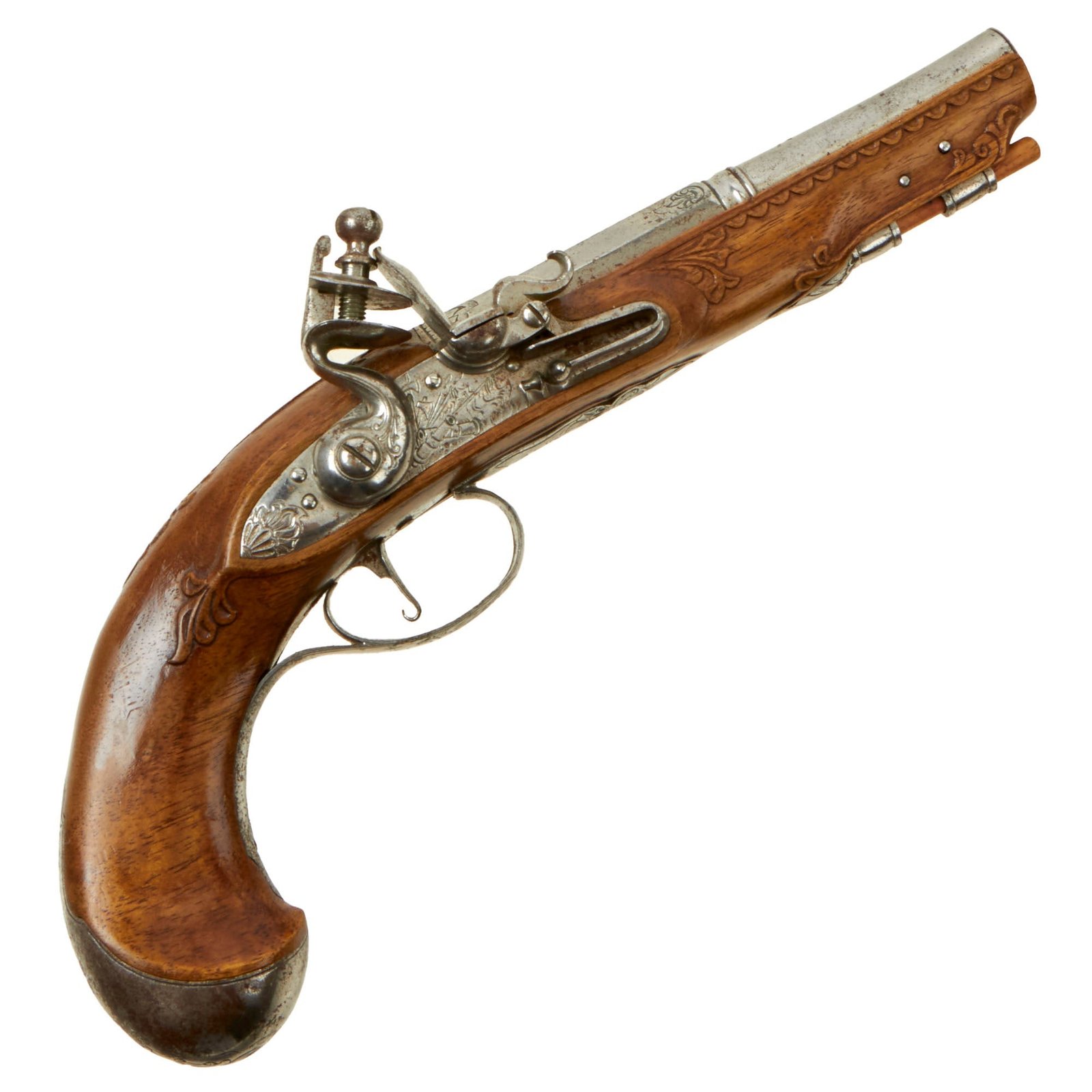 Buy Original Polish Iron Mounted Flintlock Pocket Pistol Signed W. Dąbrowski with Carved Stock - circa 1820 | Original Firearms Antique For Sale