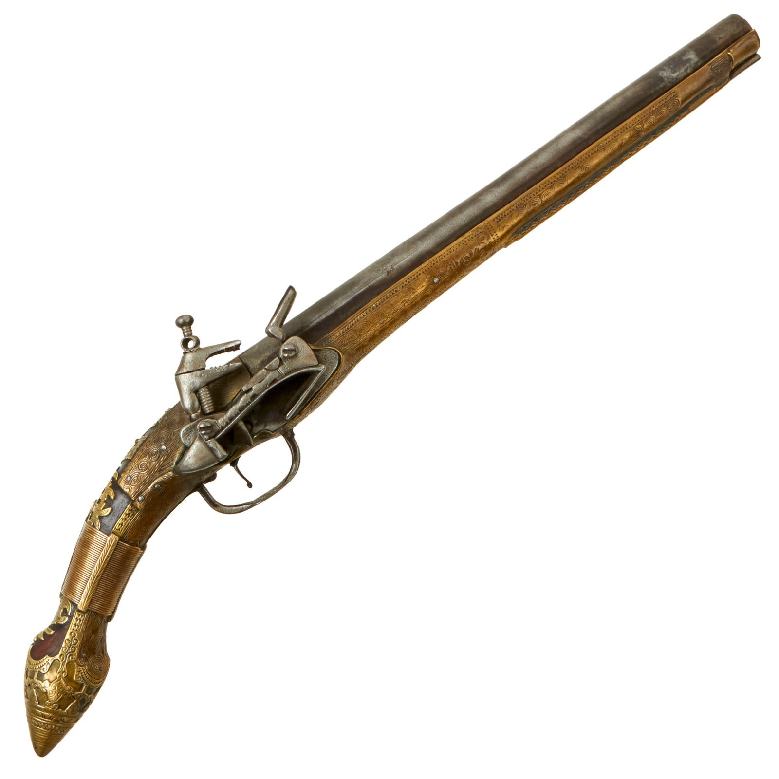 Buy Original 19th Century Balkan Embossed Brass Clad Miquelet Lock Rat Tail "Pirate" Pistol - circa 1800 - 1820 | Original Firearms Antique For Sale