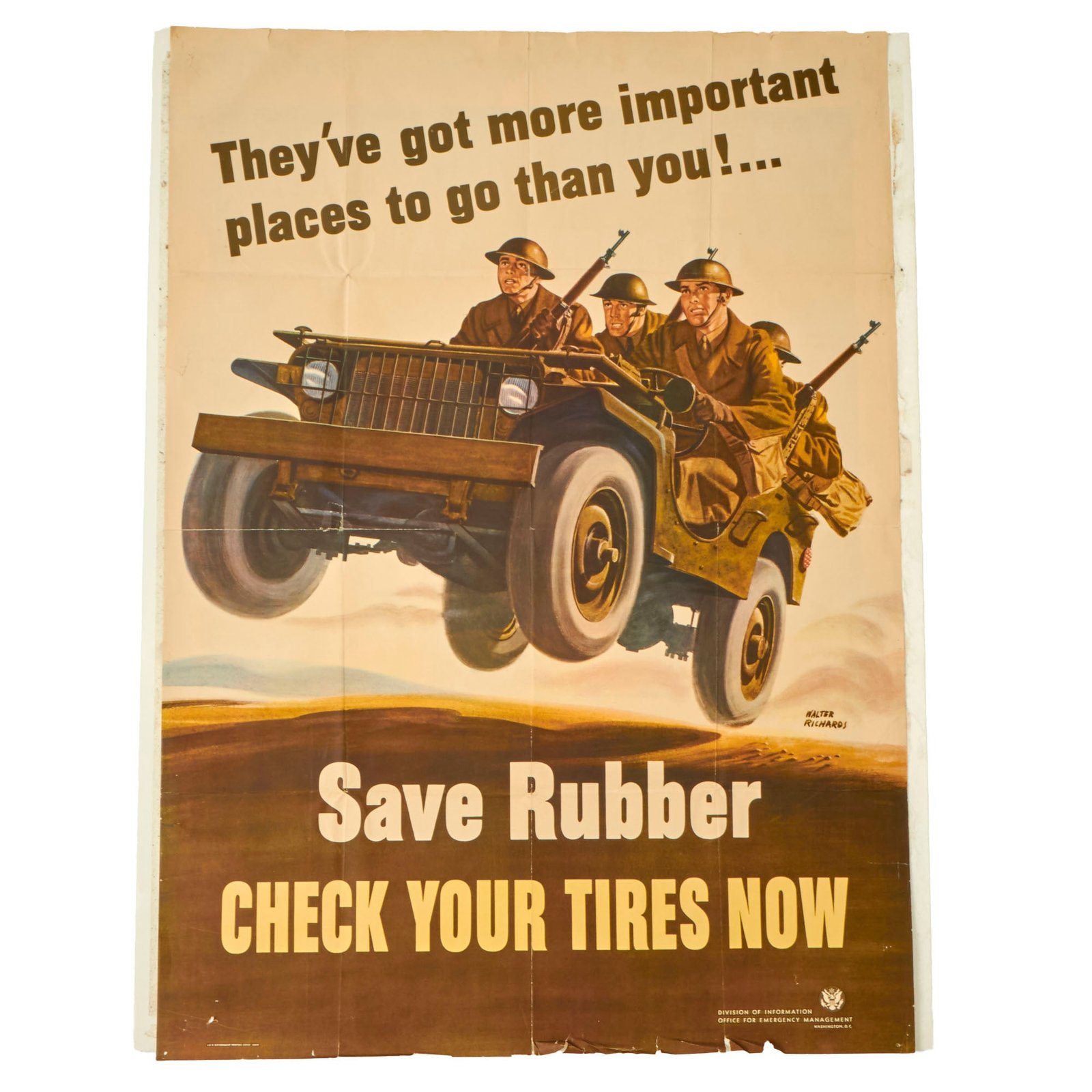 Buy Original U.S. WWII Propaganda Poster - Save Rubber Check Your Tires Now - Willys Jeep - OWI Poster No. 21 - 28½ x 40” | Original Firearms Antique For Sale