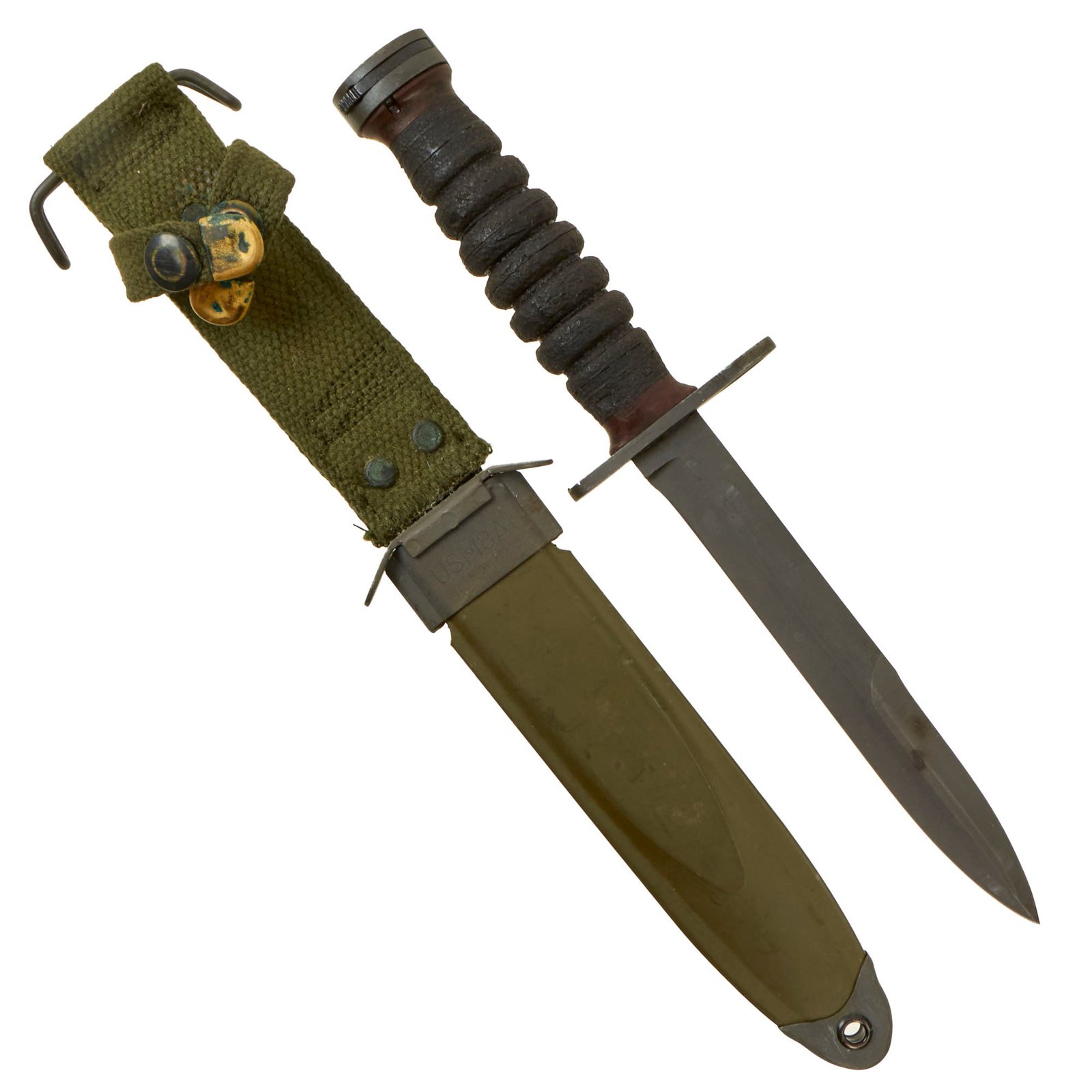 Buy Original U.S. WWII M4 Bayonet by Imperial for the M1 Carbine with M8A1 Scabbard by Pennsylvania Working Home for the Blind | Original Firearms Antique For Sale