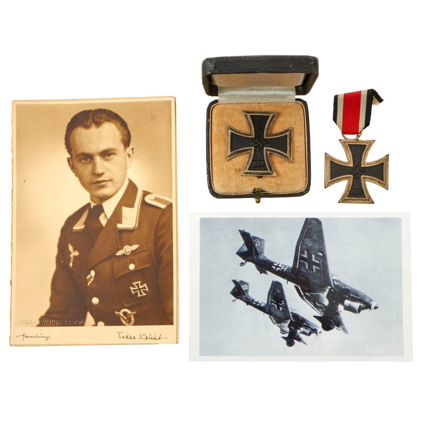 Buy Original German WWII Luftwaffe Award and Photo Grouping Named to KIA Pilot Unteroffizier Harms with EKII and Cased EKI | Original Firearms Antique For Sale