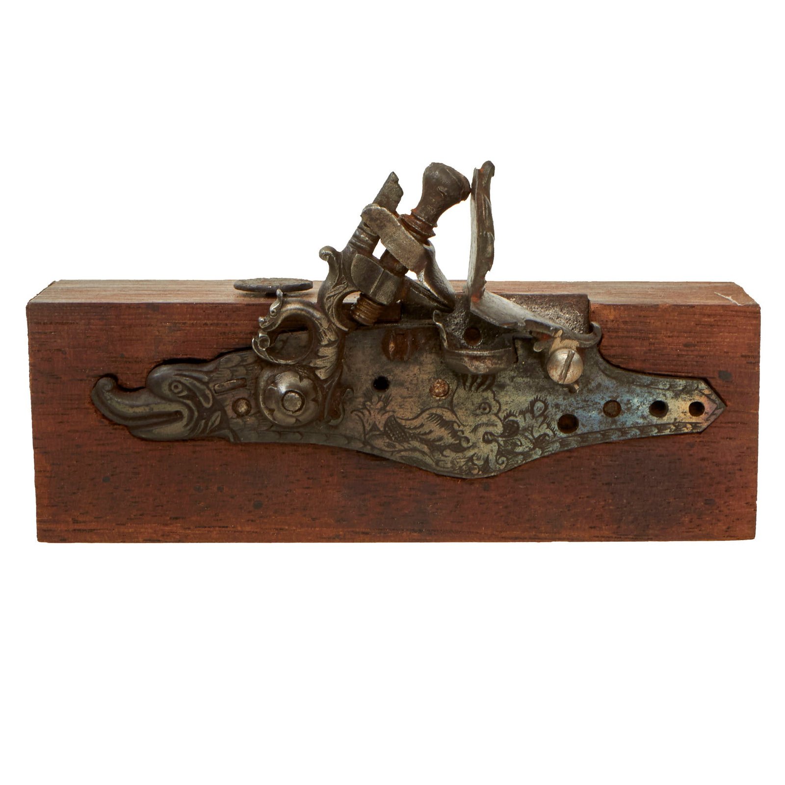 Buy Original Continental European 17th Century Flintlock Pistol Lock on Display Stand - Sea Monster Motif | Original Firearms Antique For Sale