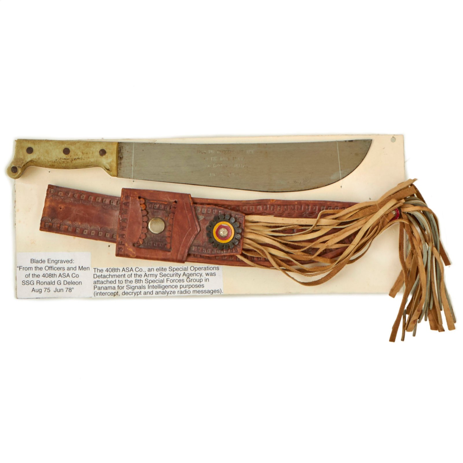 Buy Original U.S. Cold War Presentation Machete Engraved to SSG Ronald G. Deleon, 408th Army Security Agency Company - Attached to 8th Special Forces Group in Panama - Dated 1978 | Original Firearms Antique For Sale