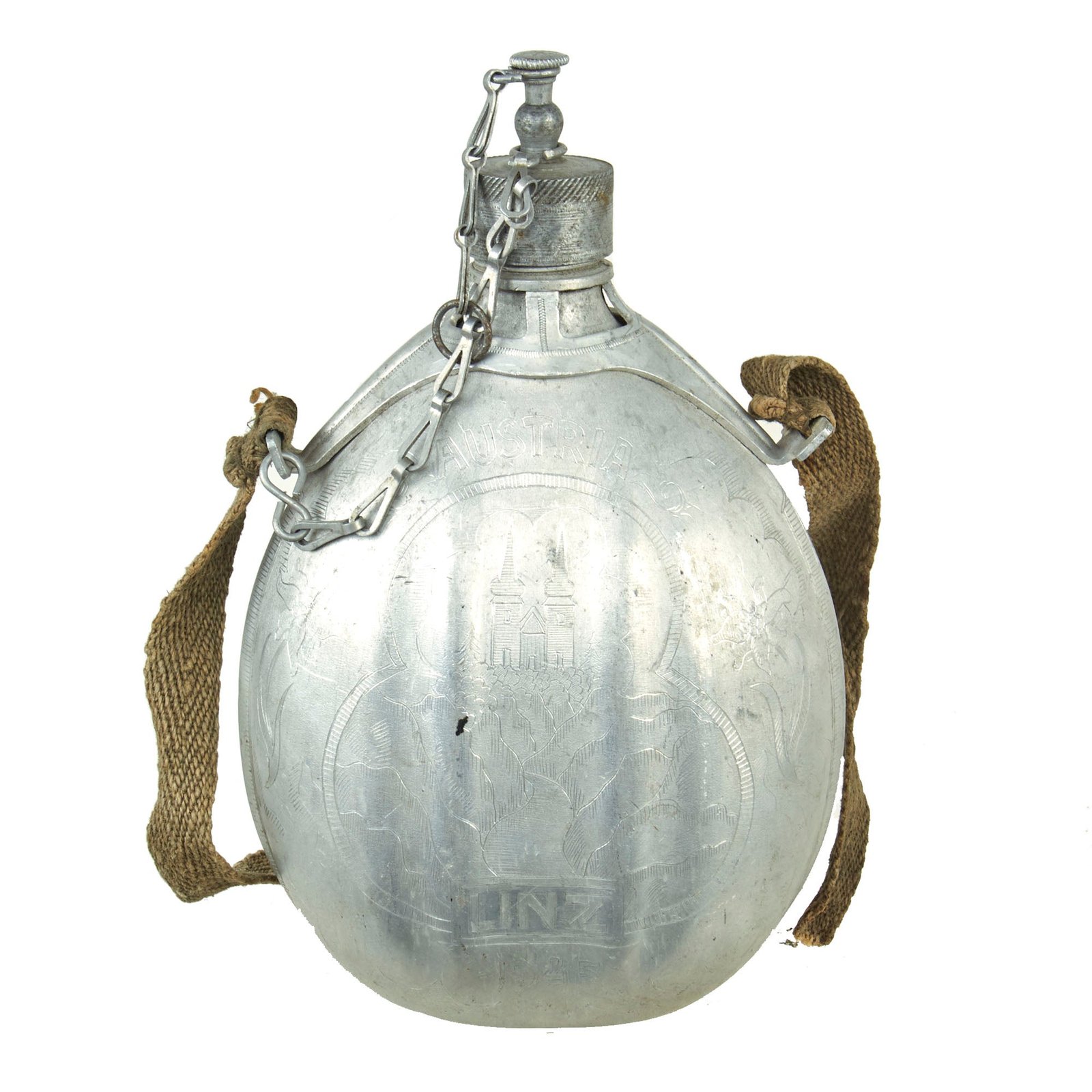 Buy Original U.S. WWII Named 26th Infantry “Yankee” Division Captured & Engraved Italian M1935 Canteen Trench Art - Linz, Austria 1945 | Original Firearms Antique For Sale