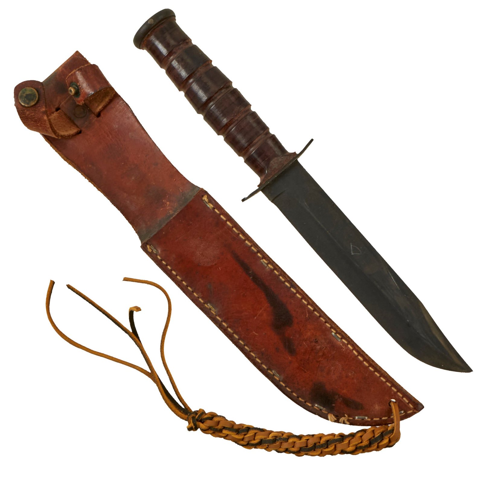 Buy Original U.S. WWII USMC Mark 2 KA-BAR Fighting Knife by CAMILLUS in Leather Sheath with Braided Leather Thong | Original Firearms Antique For Sale