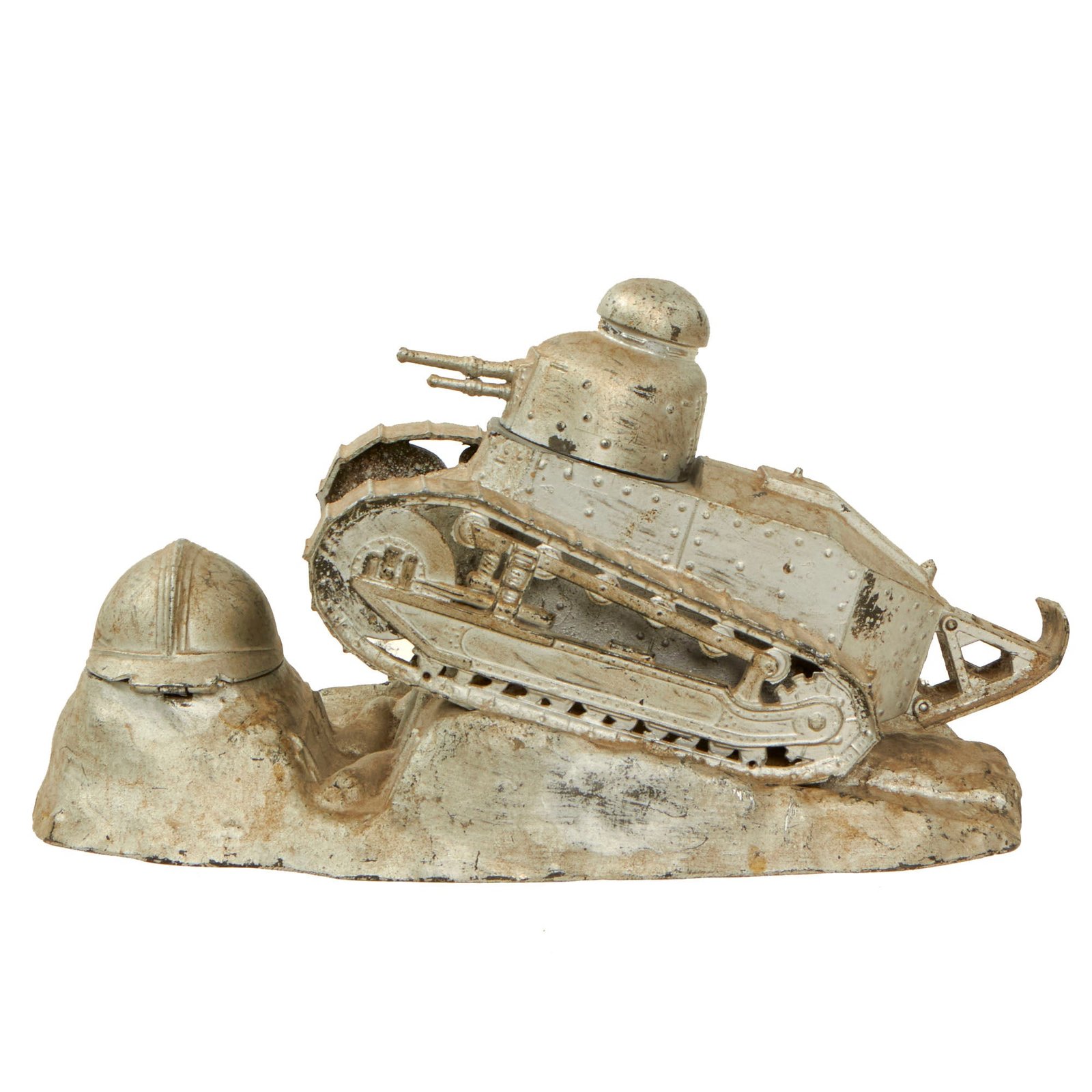 Buy Original French WWI Renault FT Light Tank Desk Model Display with Armored Helmet Inkwell | Original Firearms Antique For Sale