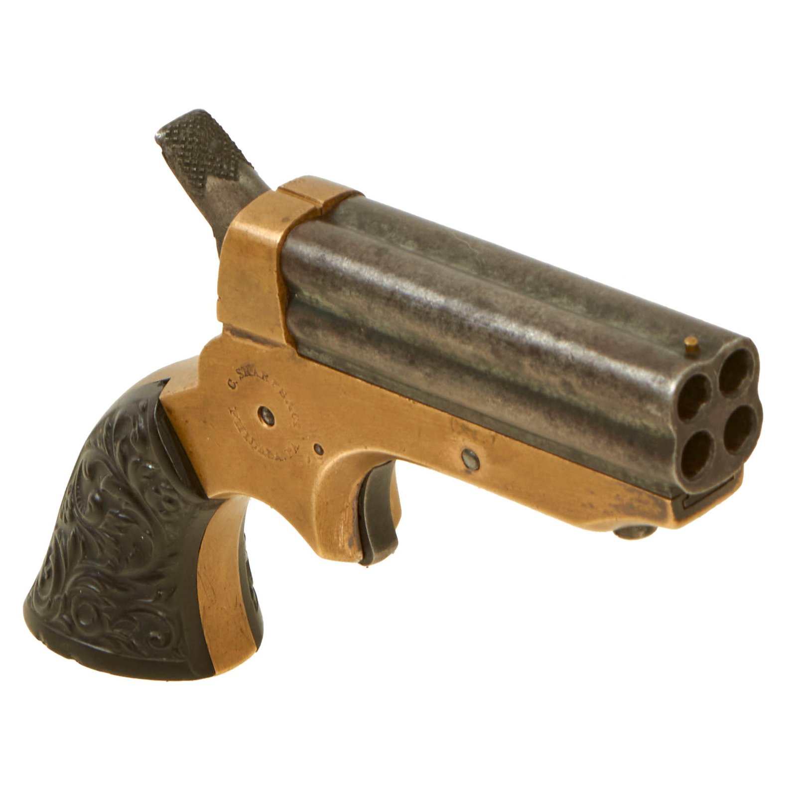 Buy Original U.S. Sharps Model 1A .22 Rimfire 4 Barrel Brass Frame Pepperbox Pistol with Ornate Gutta Percha Grips - Serial 47667 | Original Firearms Antique For Sale