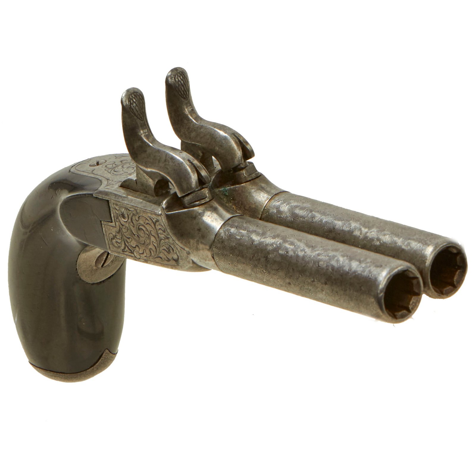 Buy Original Victorian Era Belgian Double Barreled Pocket Percussion Pistol with Engraved Frame and Hidden Triggers - Circa 1840 | Original Firearms Antique For Sale