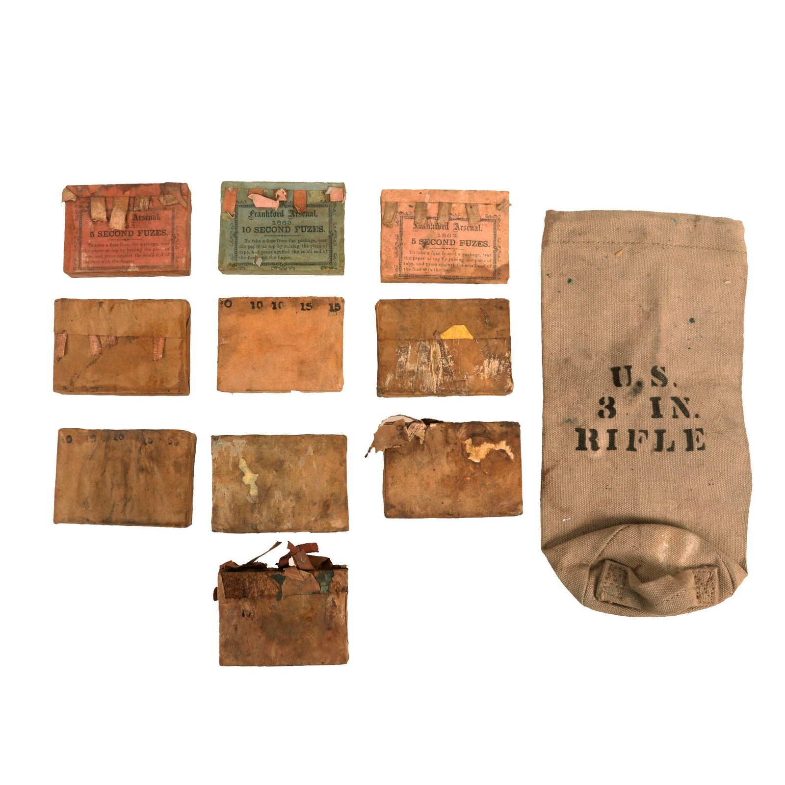 Buy Original U.S. Civil War Lot of Ten Artillery Fuzes of 5 and 10 Seconds & Sponge Cover | Original Firearms Antique For Sale