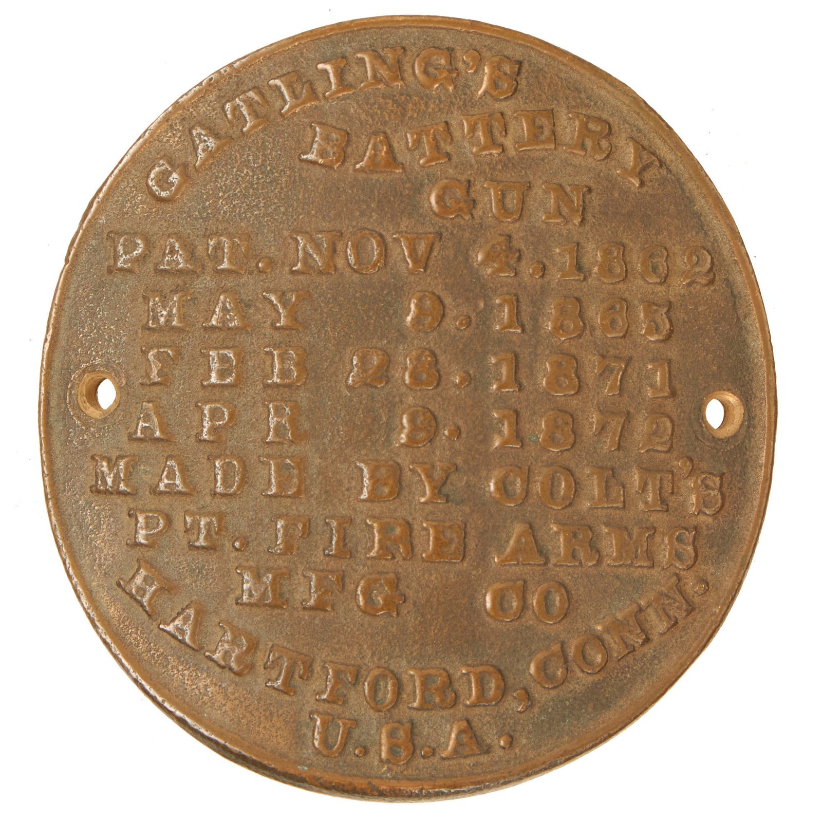 Buy Original U.S. Indian Wars Era Colt Model 1874 Gatling Gun Brass Patent Plate - 1872 Patent Dates | Original Firearms Antique For Sale