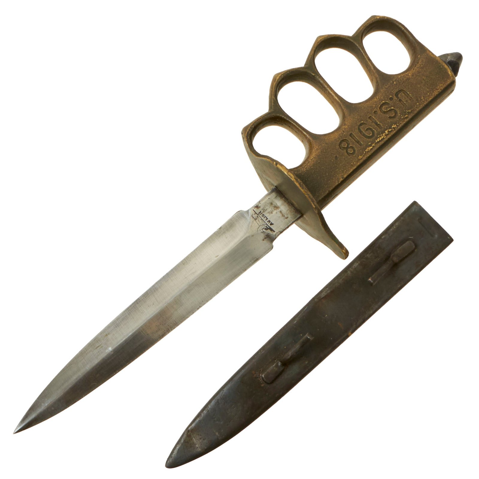 Buy Original U.S. WWI Model 1918 French Made Mark I Trench Knife by AU LION with Correct Steel Scabbard | Original Firearms Antique For Sale