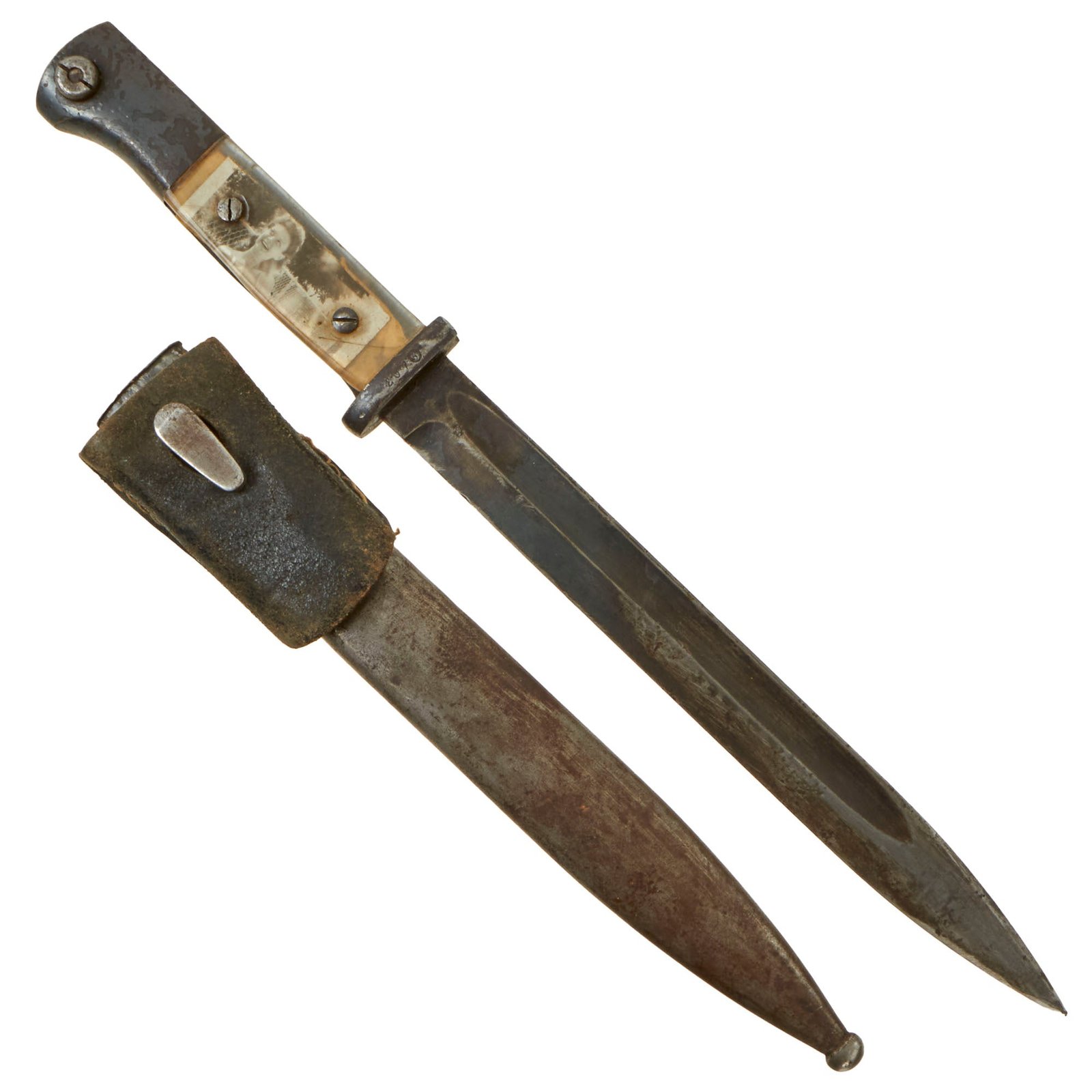 Buy Original German WWII Commercial 98k Bayonet by ALCOSO with US Soldier Custom “Sweetheart” Plexiglass Grips and Scabbard - circa 1940-1943 | Original Firearms Antique For Sale