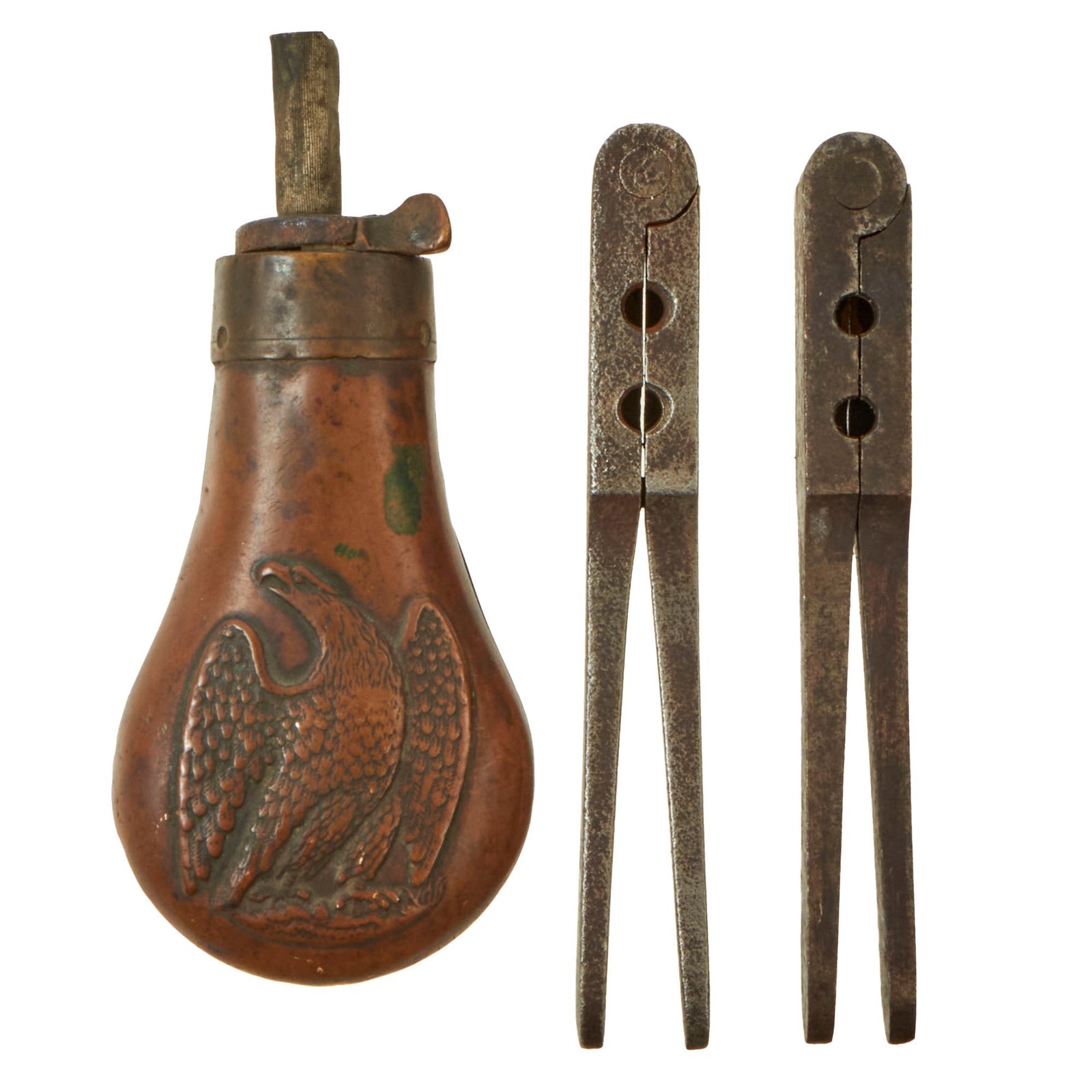 Buy Original U.S. Civil War Colt Pocket Revolver Powder Flask with Two Colt Style Bullet Molds - .31cal. & .36cal. | Original Firearms Antique For Sale