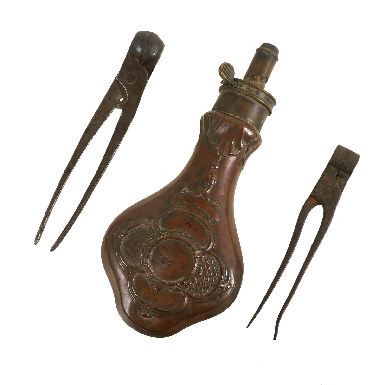 Buy Original U.S. Pre-Civil War 1850s A.M. Flask & Cap Co Powder Flask with Two Large Caliber Bullet Molds | Original Firearms Antique For Sale