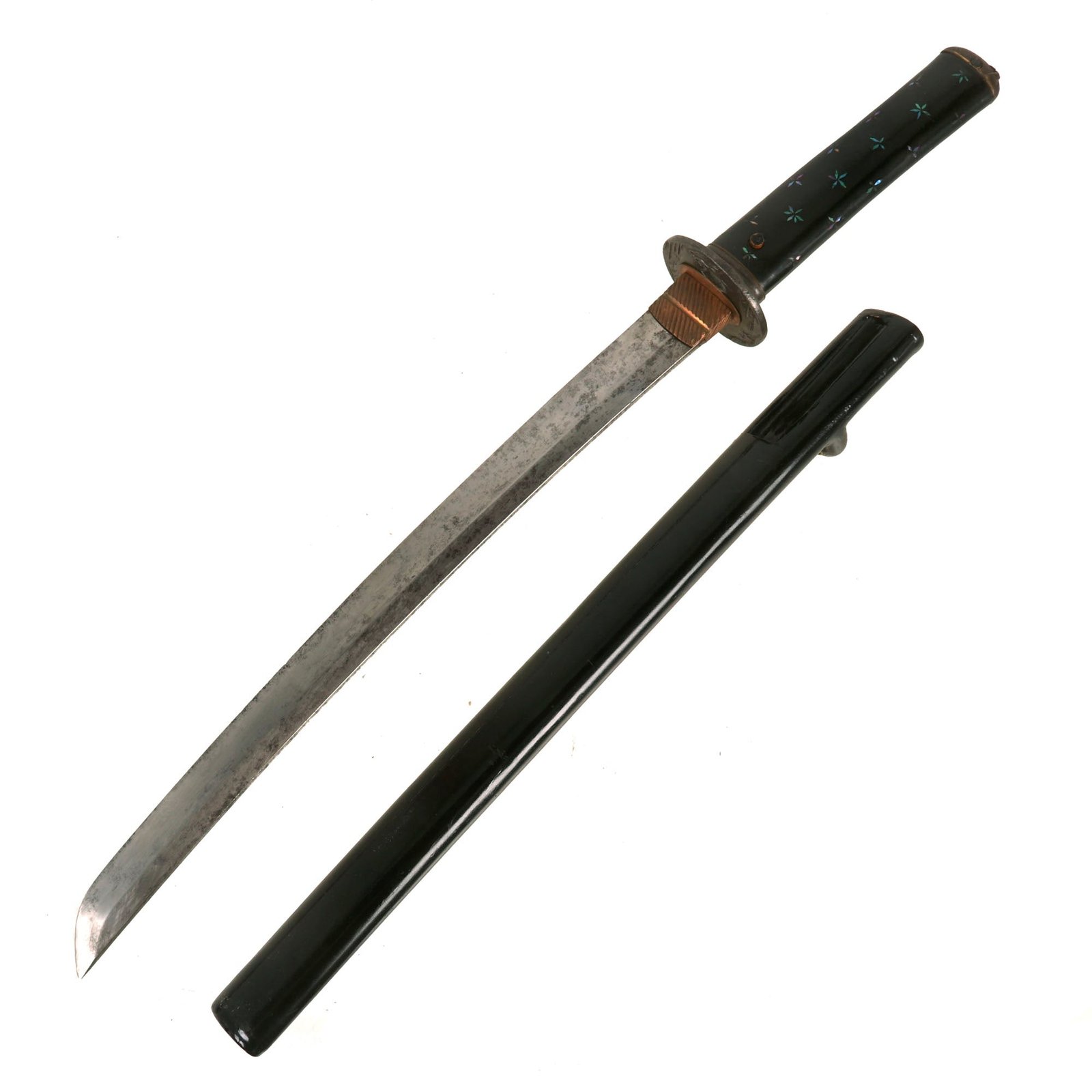 Buy Original 18th Century Edo Period Japanese Handmade Wakizashi Short Sword with Abalone Shell Inlaid Handle and Scabbard | Original Firearms Antique For Sale