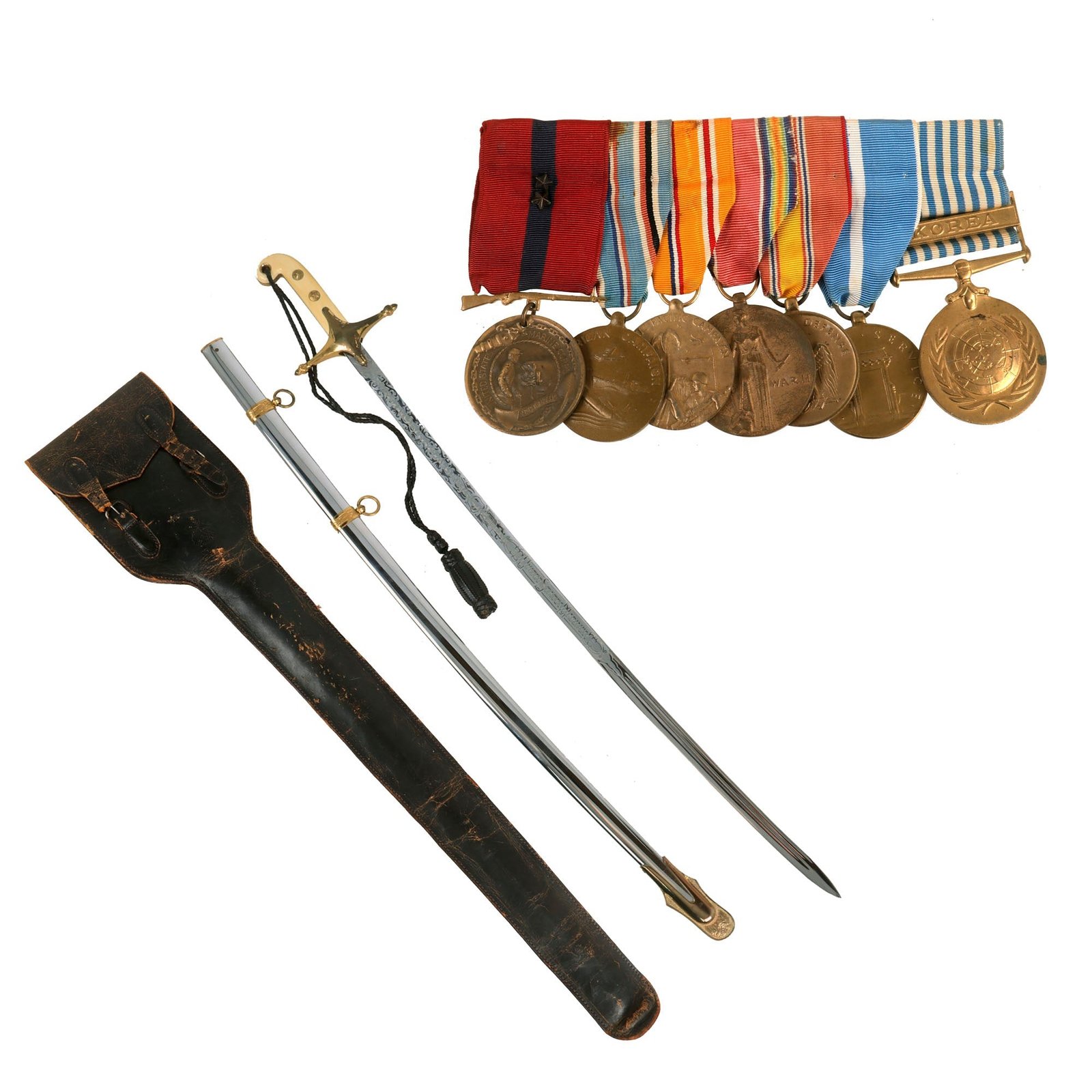Buy Original Korean War Era U.S.M.C. Mameluke Sword Named to Norman C. Madore with Scabbard, Case, Sleeve and Matching Named Medals - Unit Served With During This Time: Marine Air Control Squadron 2 | Original Firearms Antique For Sale