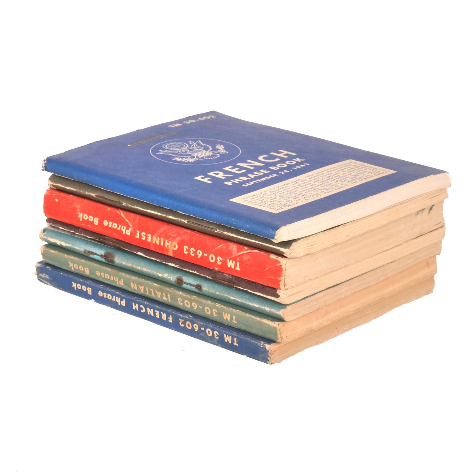 Buy Original U.S. WWII Foreign Language Phrase Book Lot - French, Russian, German, Dutch, Italian, and Chinese | Original Firearms Antique For Sale